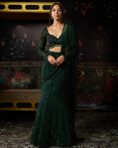 Emerald Green Embellished Mermaid Skirt Sari Set