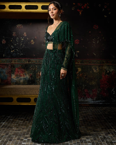 Emerald Green Embellished Mermaid Skirt Sari Set
