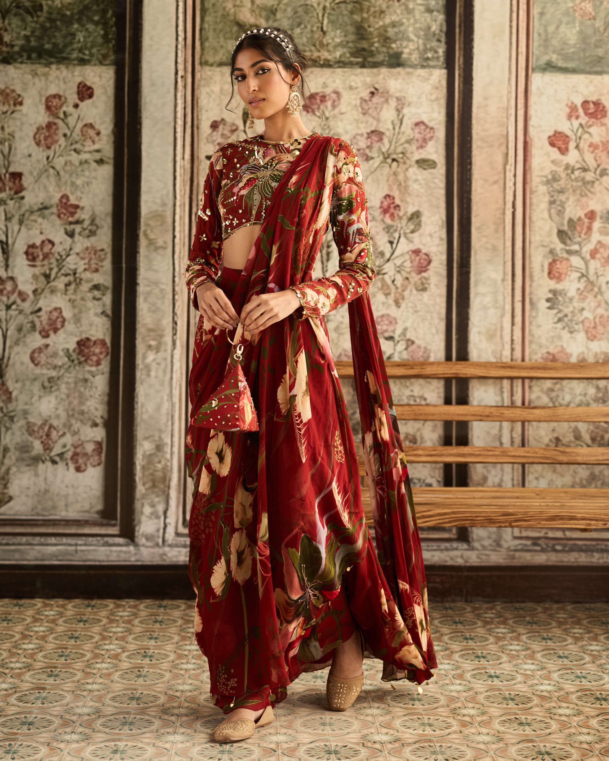 Red Floral Printed Skirt Sari Set