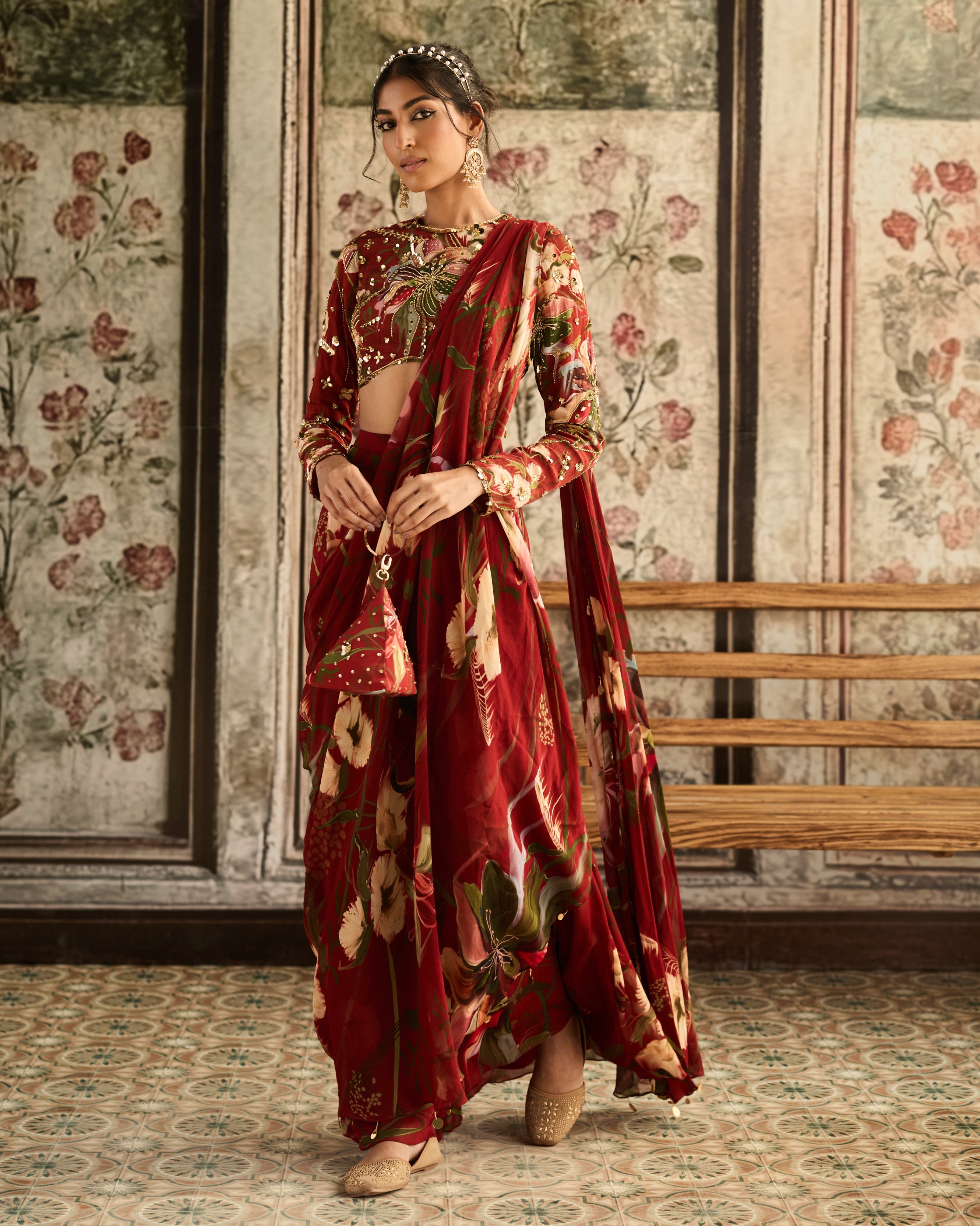Red Floral Printed Skirt Sari Set