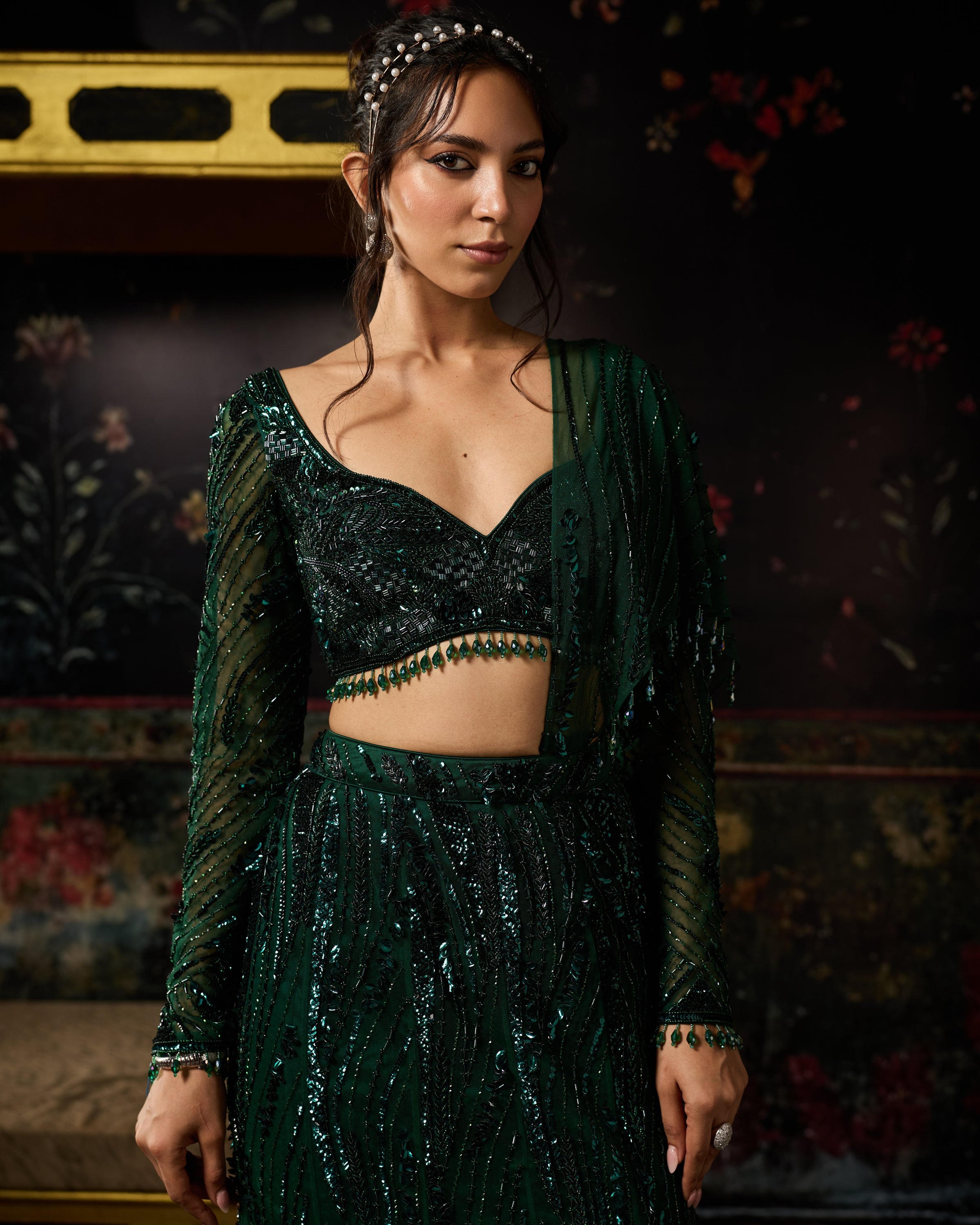 Emerald Green Embellished Mermaid Skirt Sari Set