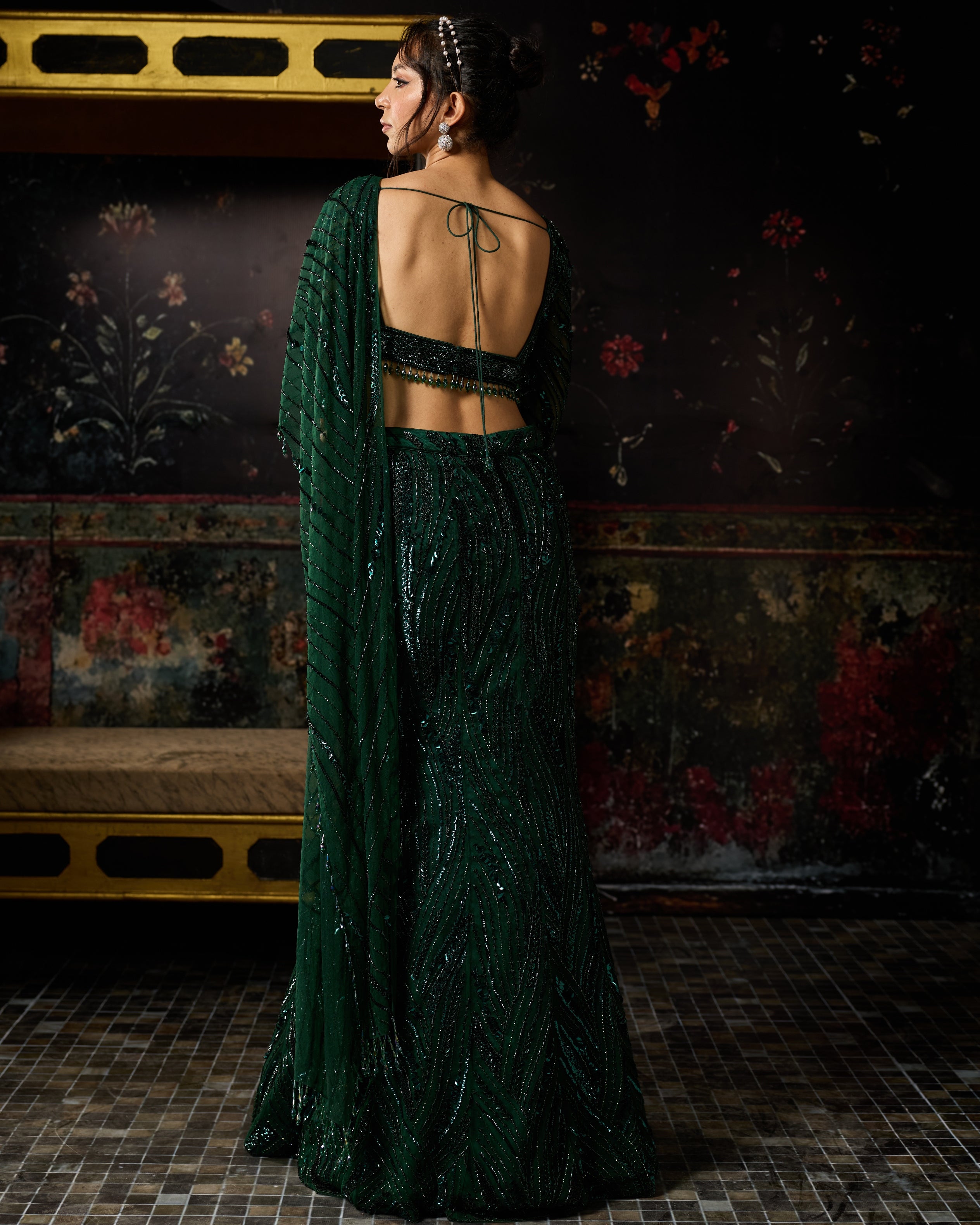 Emerald Green Embellished Mermaid Skirt Sari Set