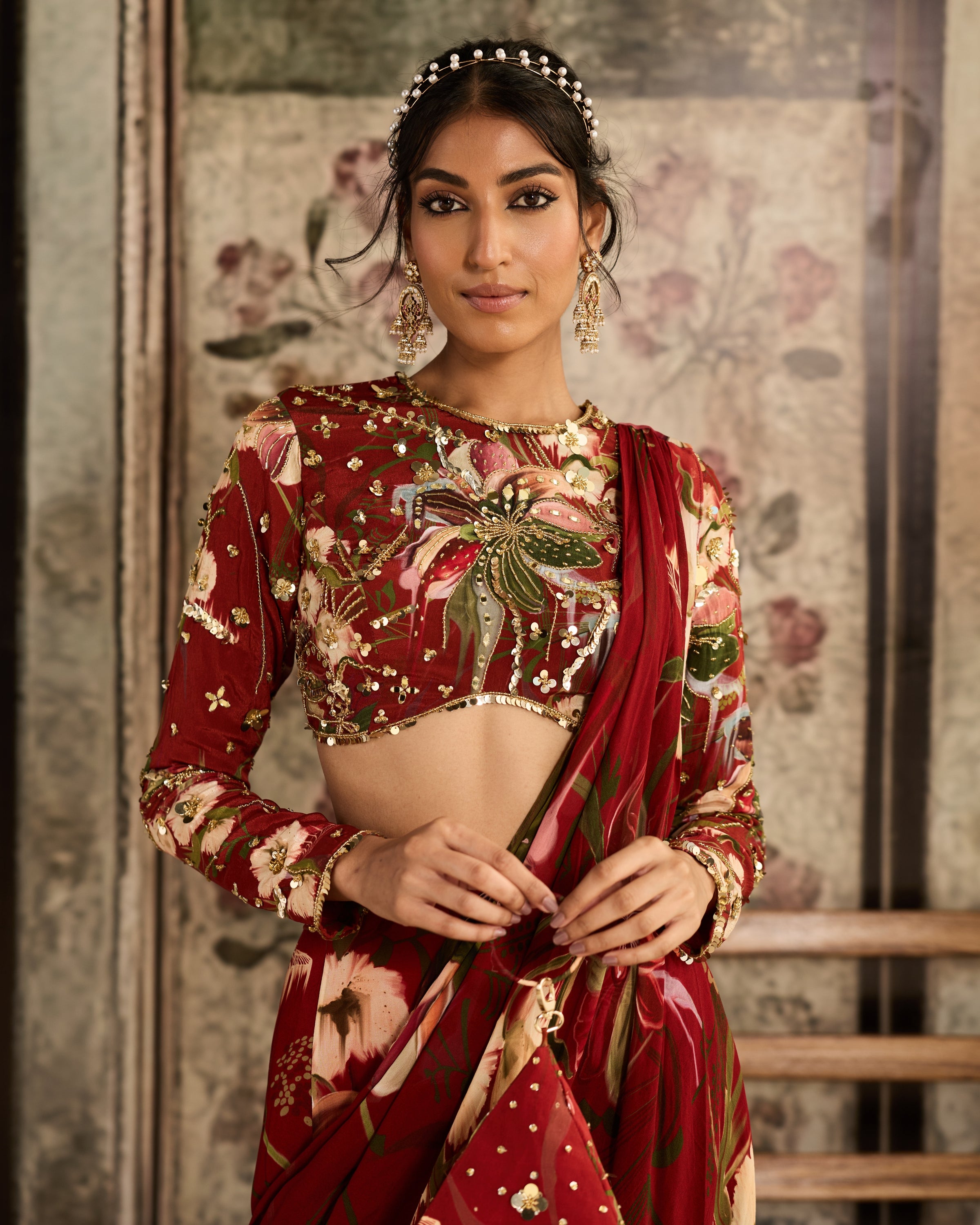 Red Floral Printed Skirt Sari Set