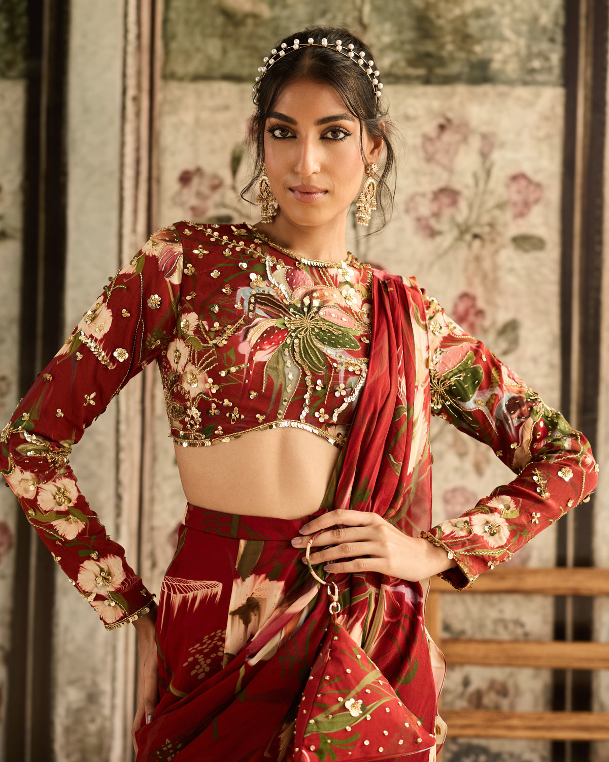 Red Floral Printed Skirt Sari Set