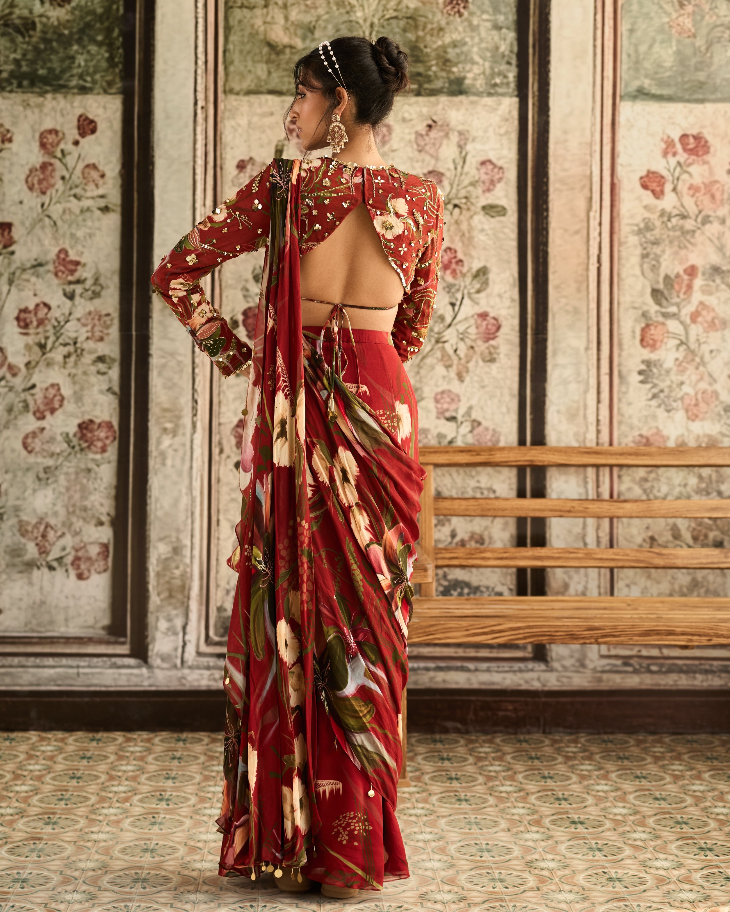 Red Floral Printed Skirt Sari Set