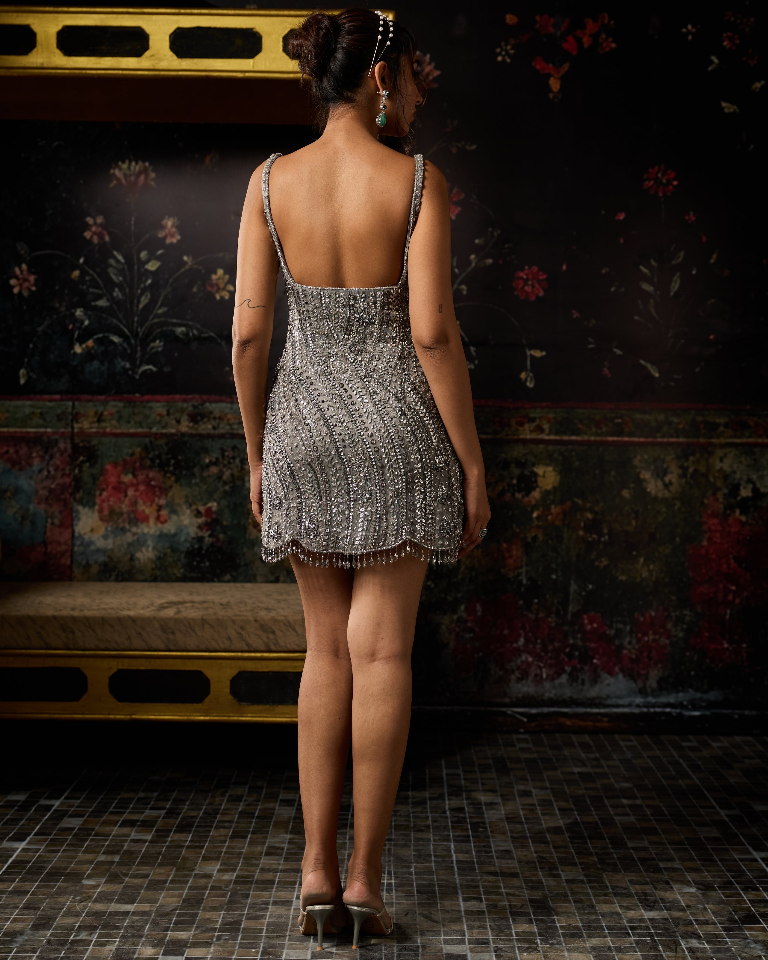 Grey Gunmetal Swirl Embellished Mini Dress