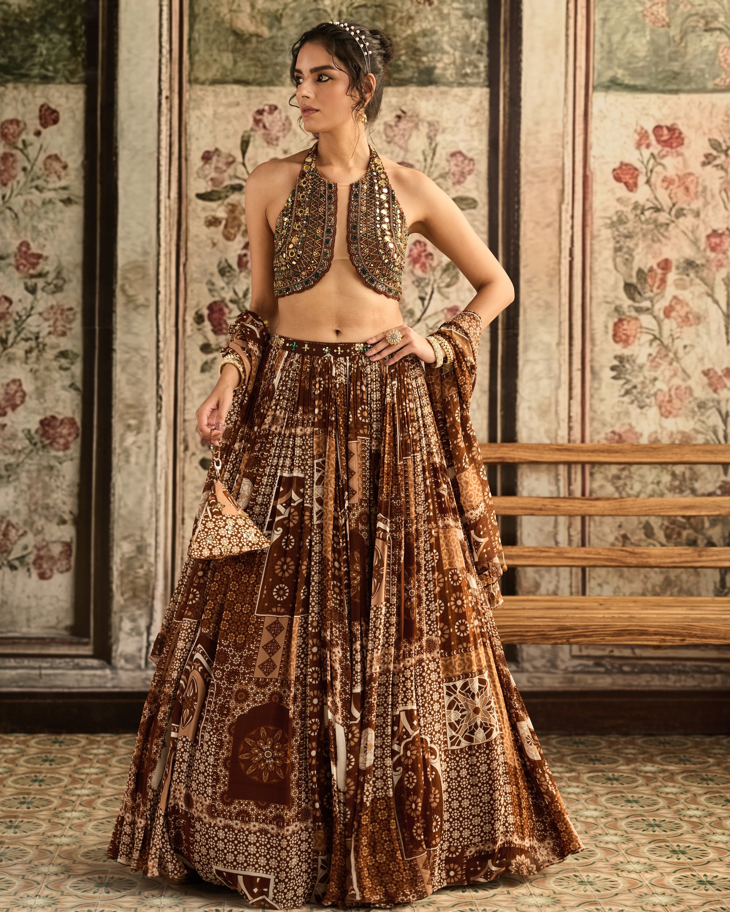 Caramel Halter Blouse With Printed Lehenga Set