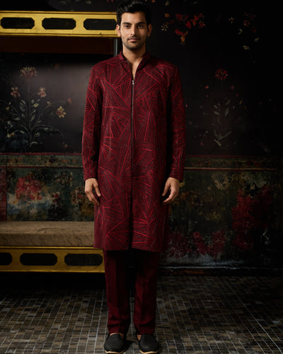 Maroon Embroidered Jacket & Pants Set