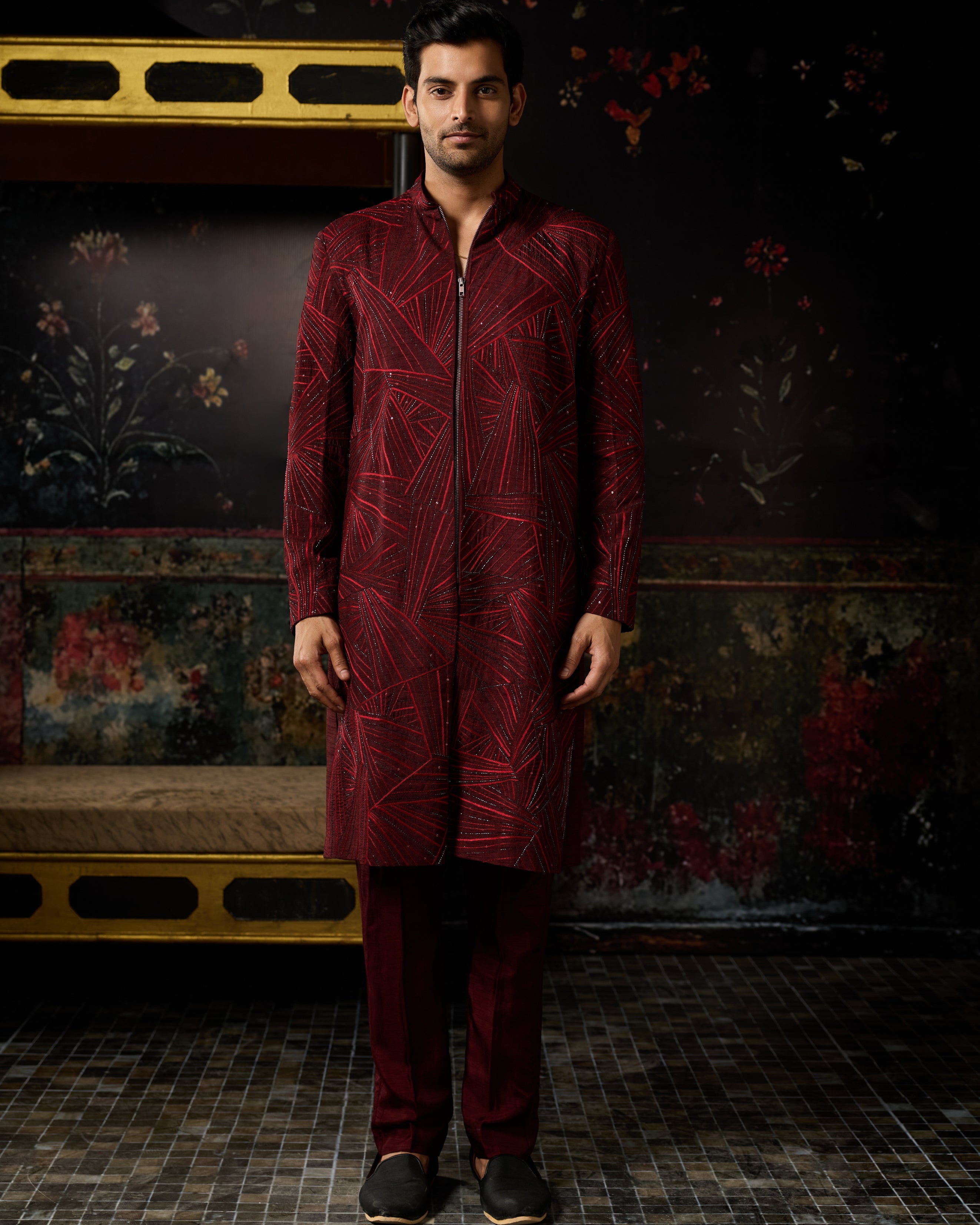 Maroon Embroidered Jacket & Pants Set