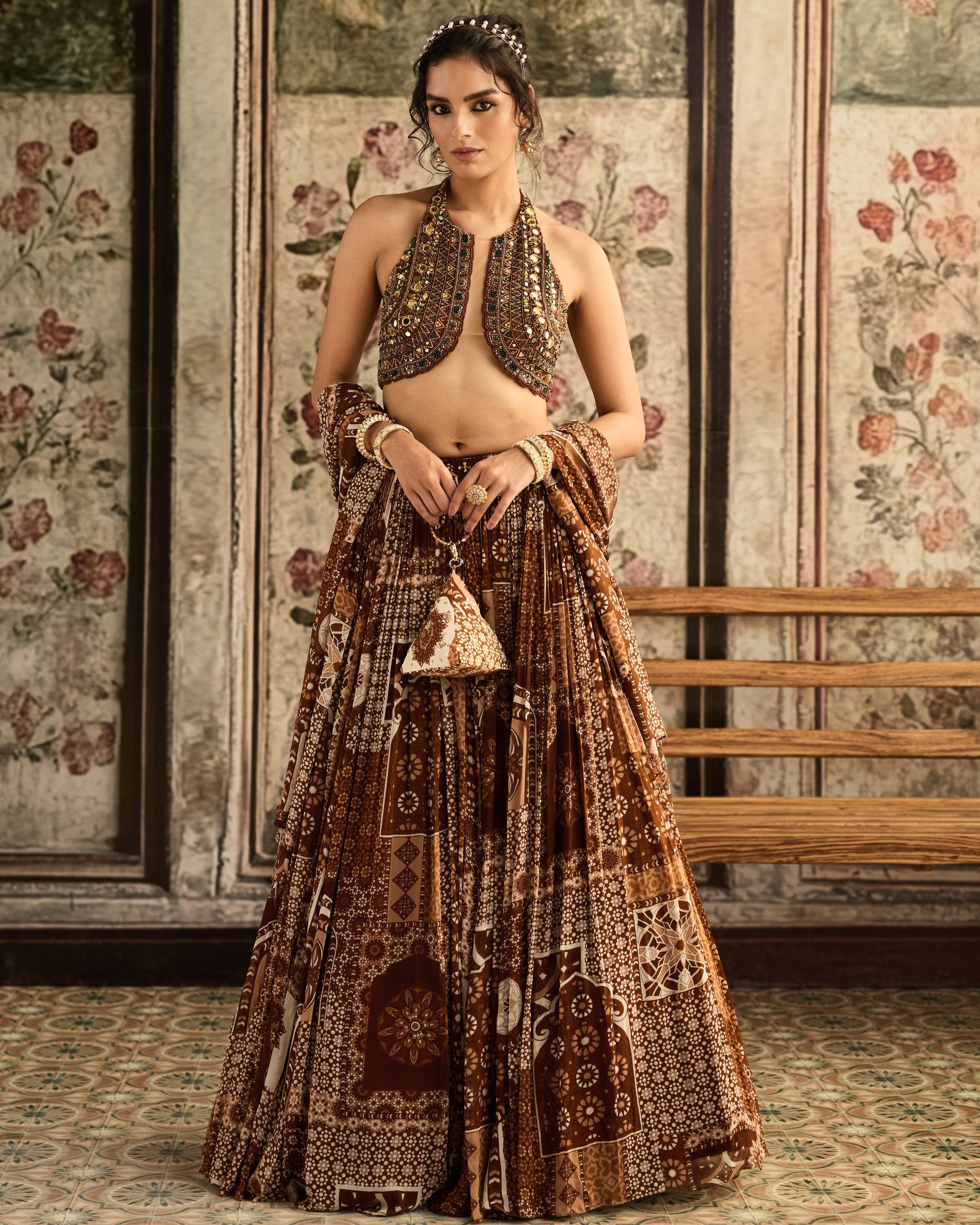 Caramel Halter Blouse With Printed Lehenga Set