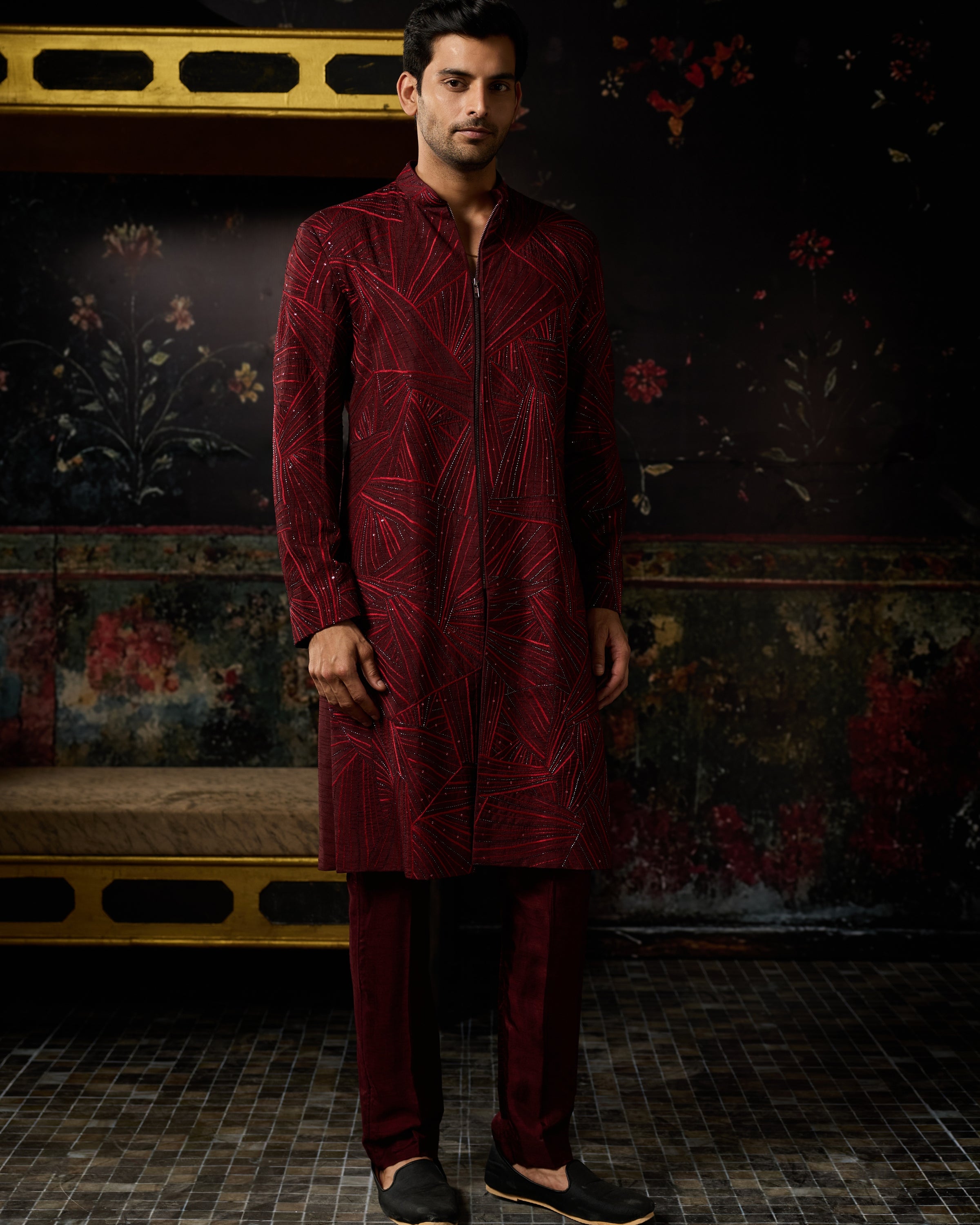Maroon Embroidered Jacket & Pants Set