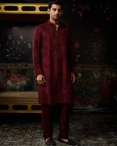 Maroon Embroidered Jacket & Pants Set