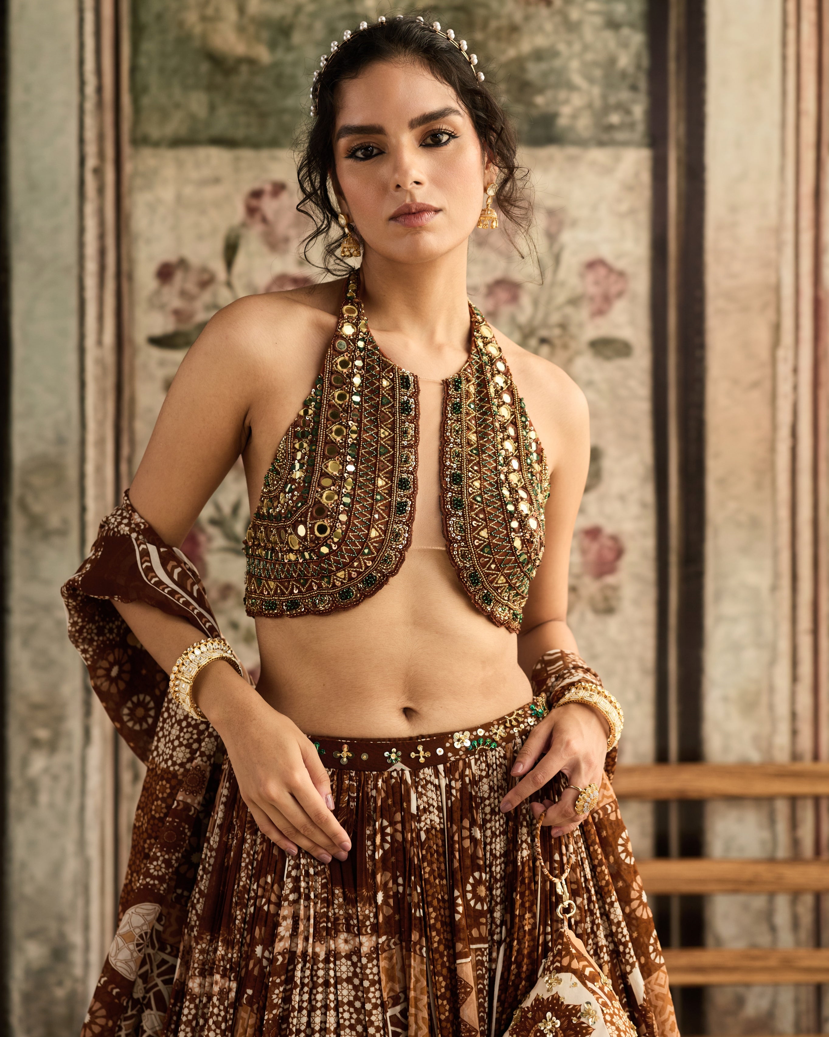 Caramel Halter Blouse With Printed Lehenga Set