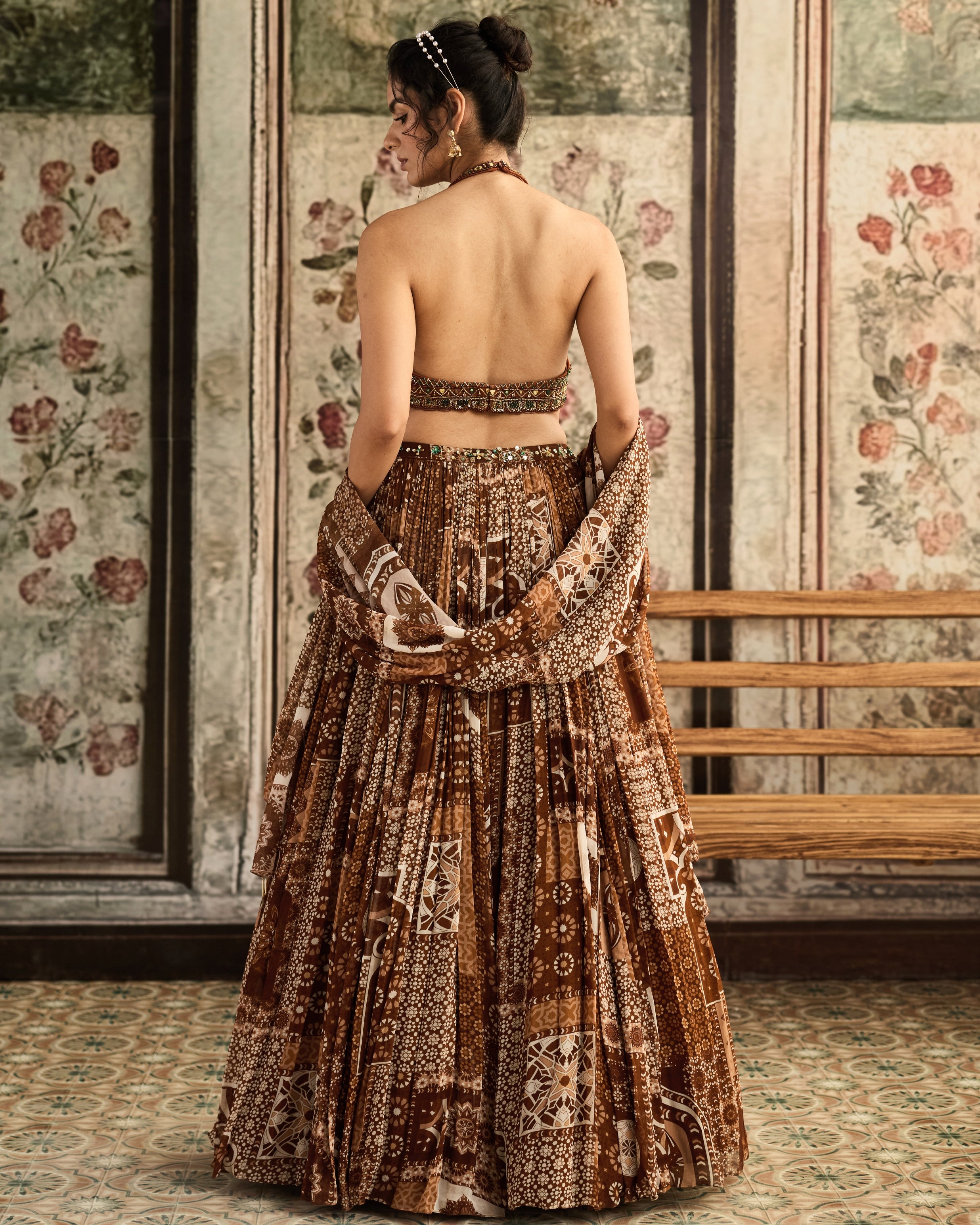 Caramel Halter Blouse With Printed Lehenga Set