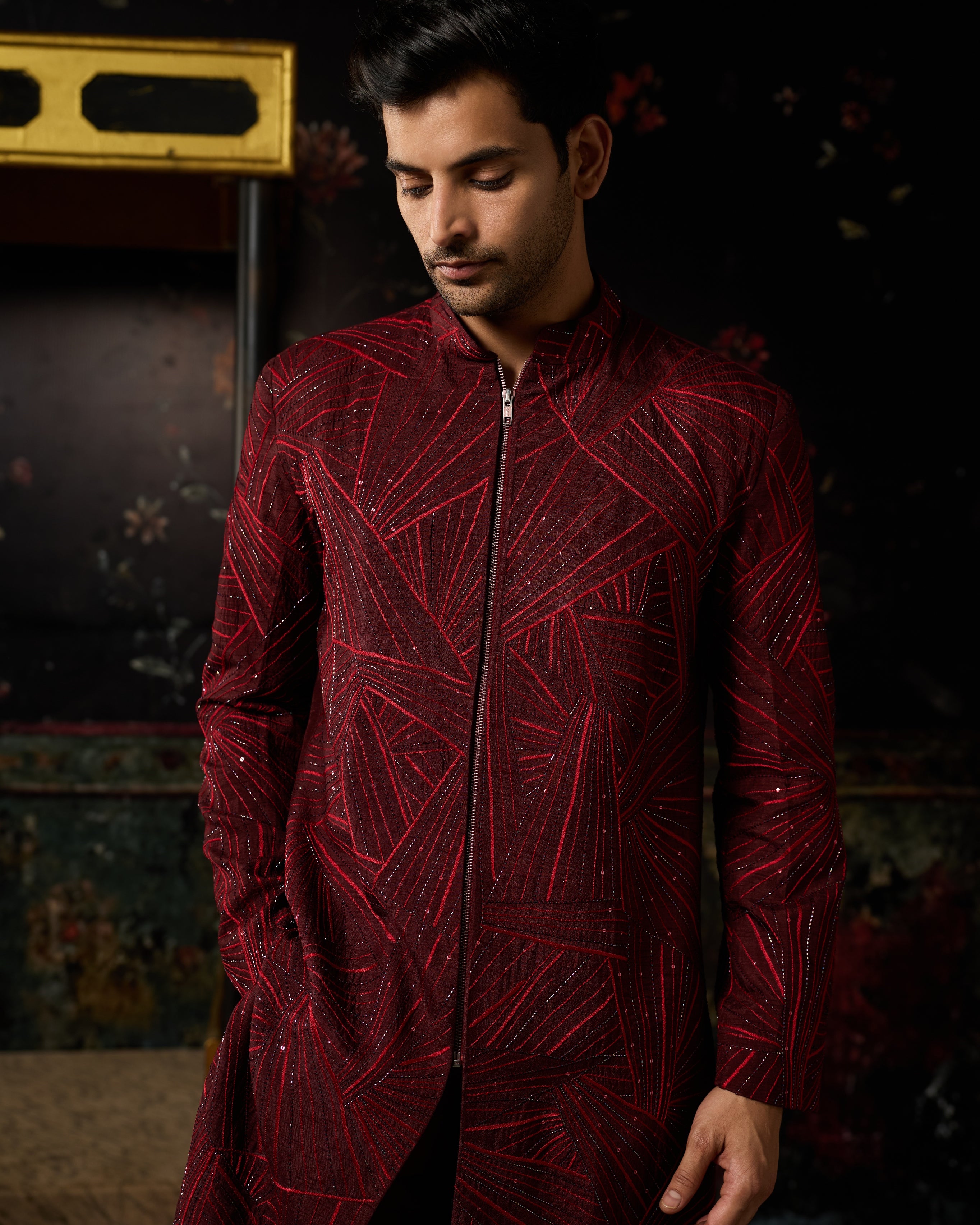 Maroon Embroidered Jacket & Pants Set