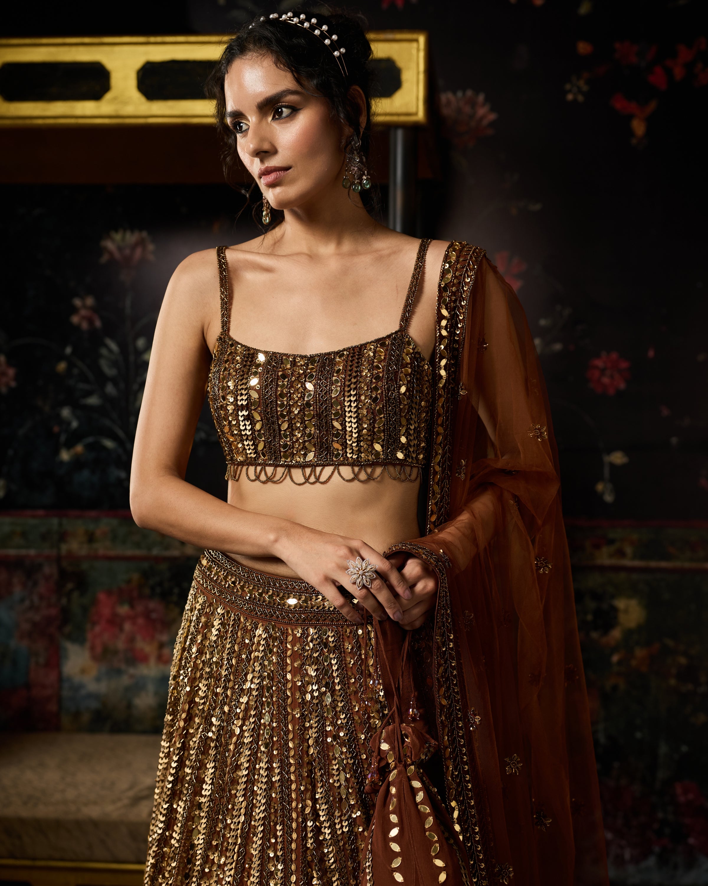 Metallic Gold Embellished Mirrorwork Lehenga Set