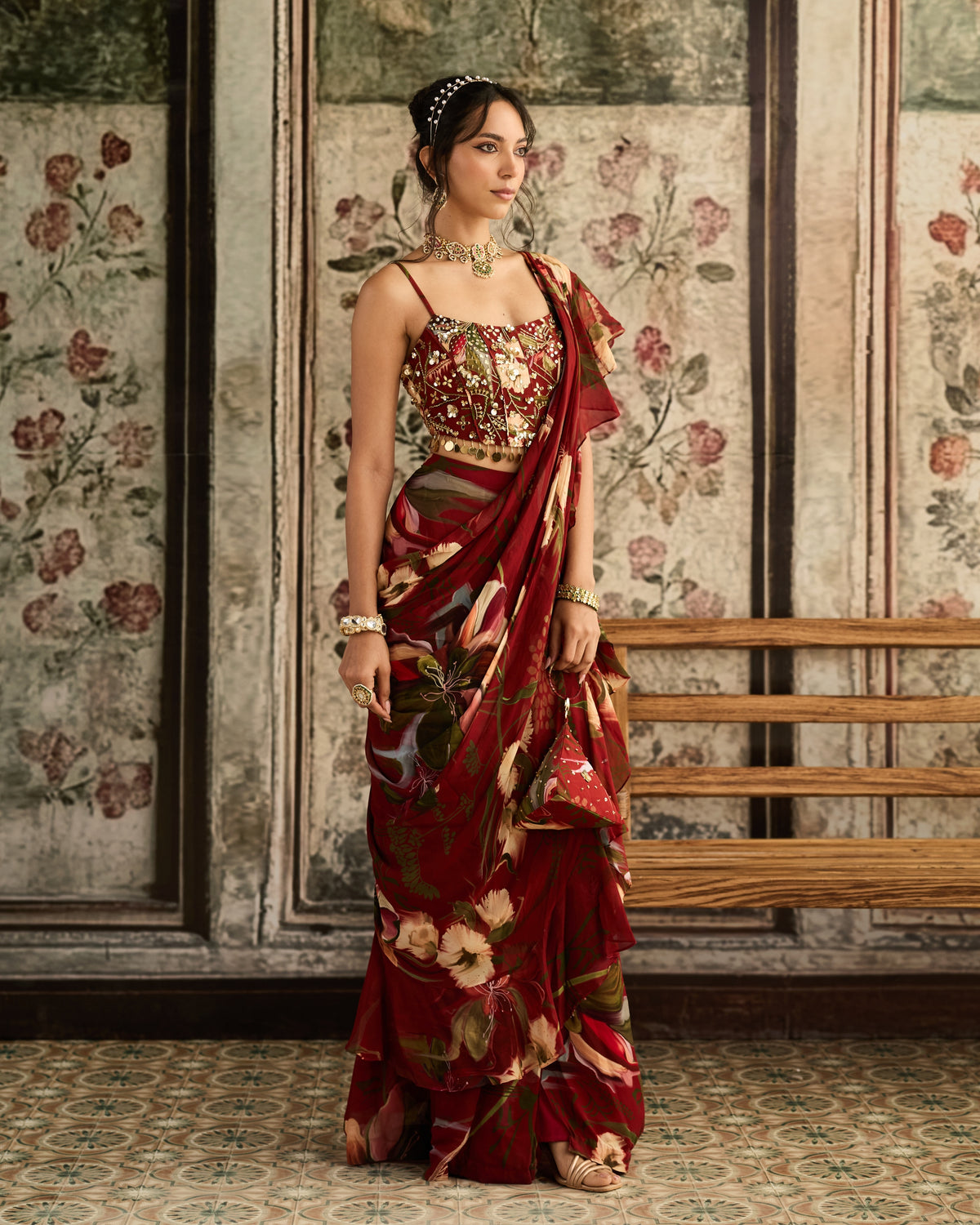 Red Floral Printed Pleated Skirt Sari Set