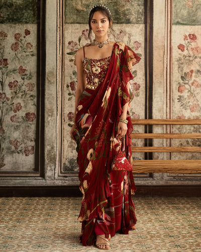 Red Floral Printed Pleated Skirt Sari Set