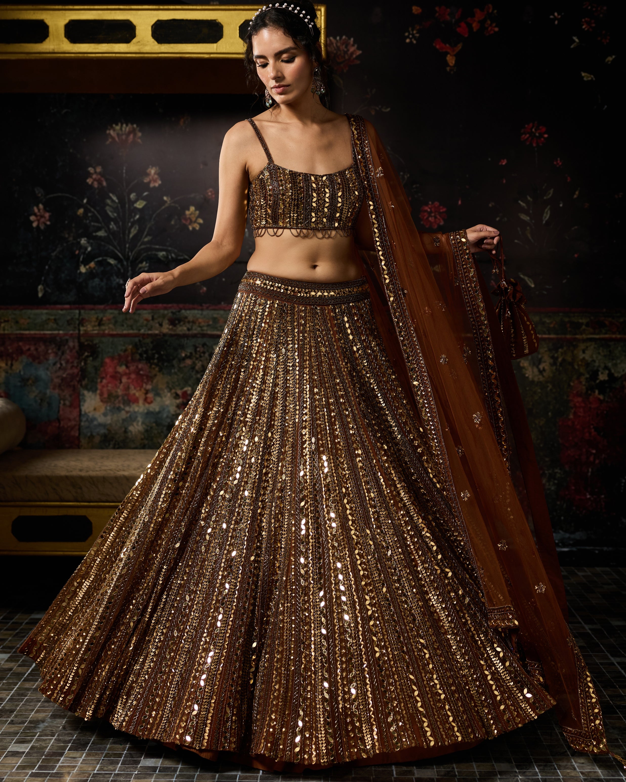 Metallic Gold Embellished Mirrorwork Lehenga Set
