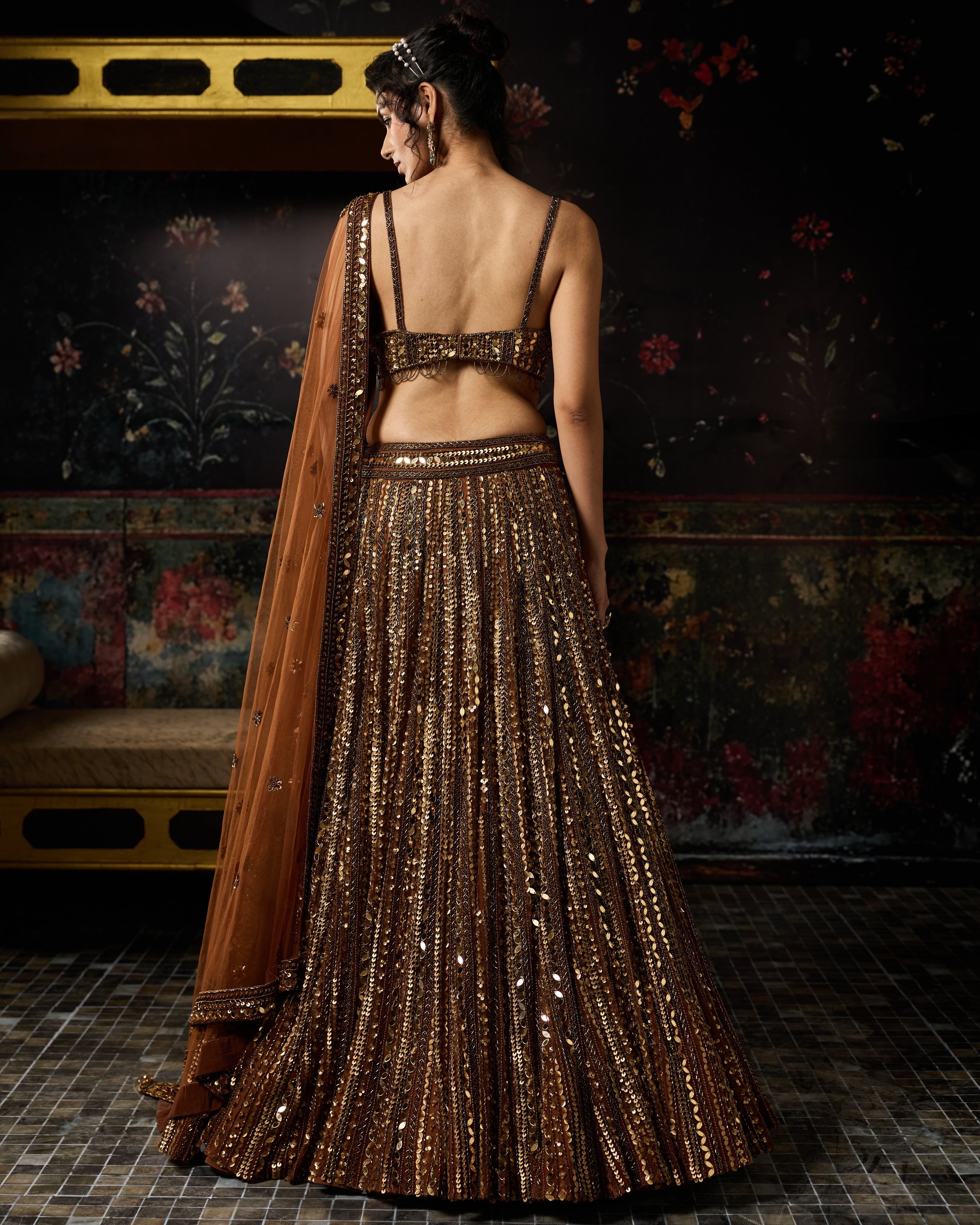 Metallic Gold Embellished Mirrorwork Lehenga Set