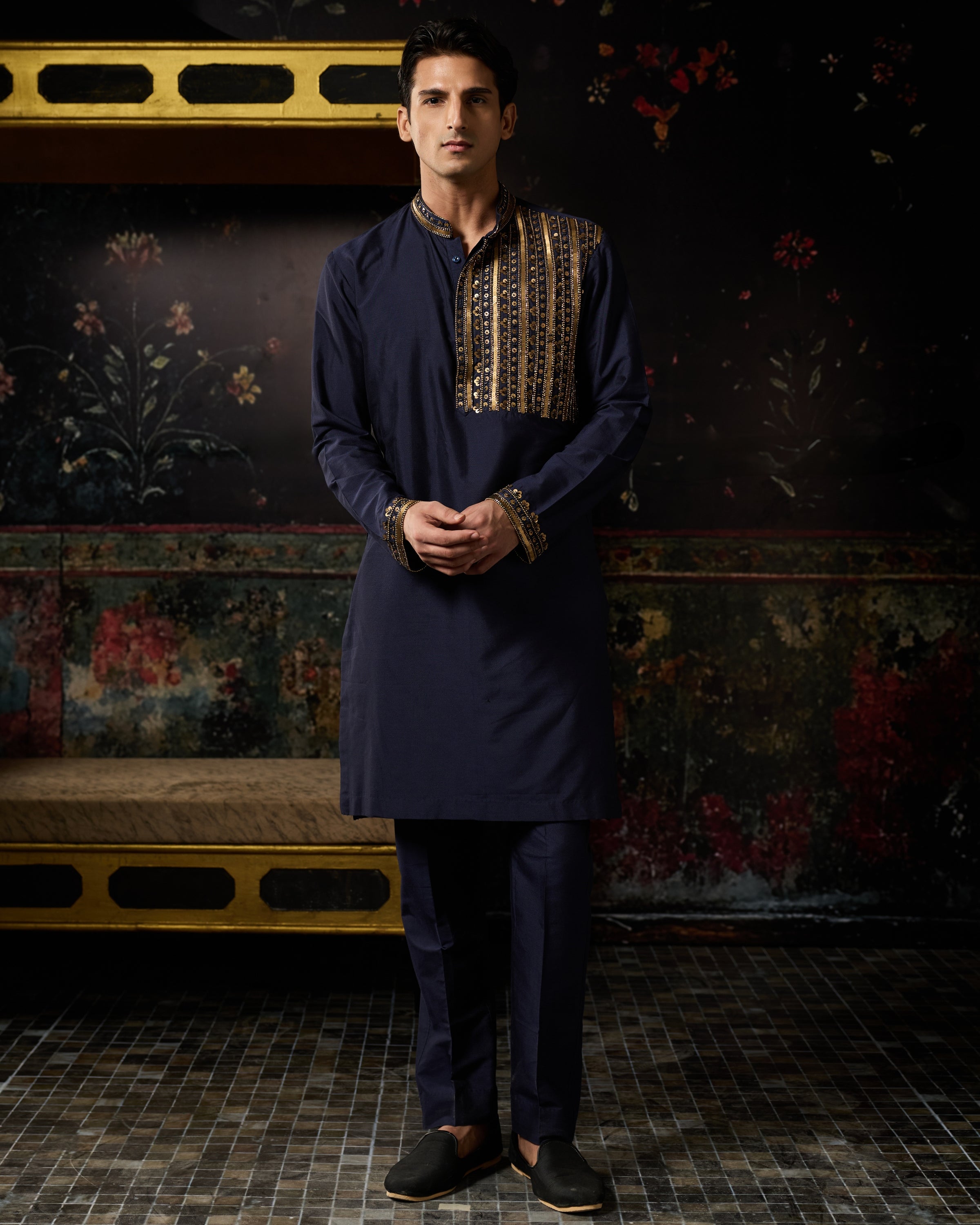 Blue & Gold Embroidered Kurta & Pants Set