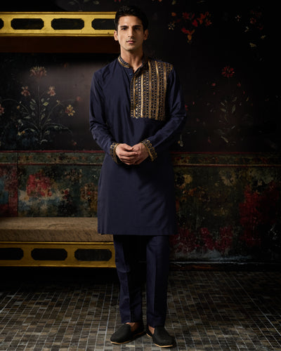 Blue & Gold Embroidered Kurta & Pants Set