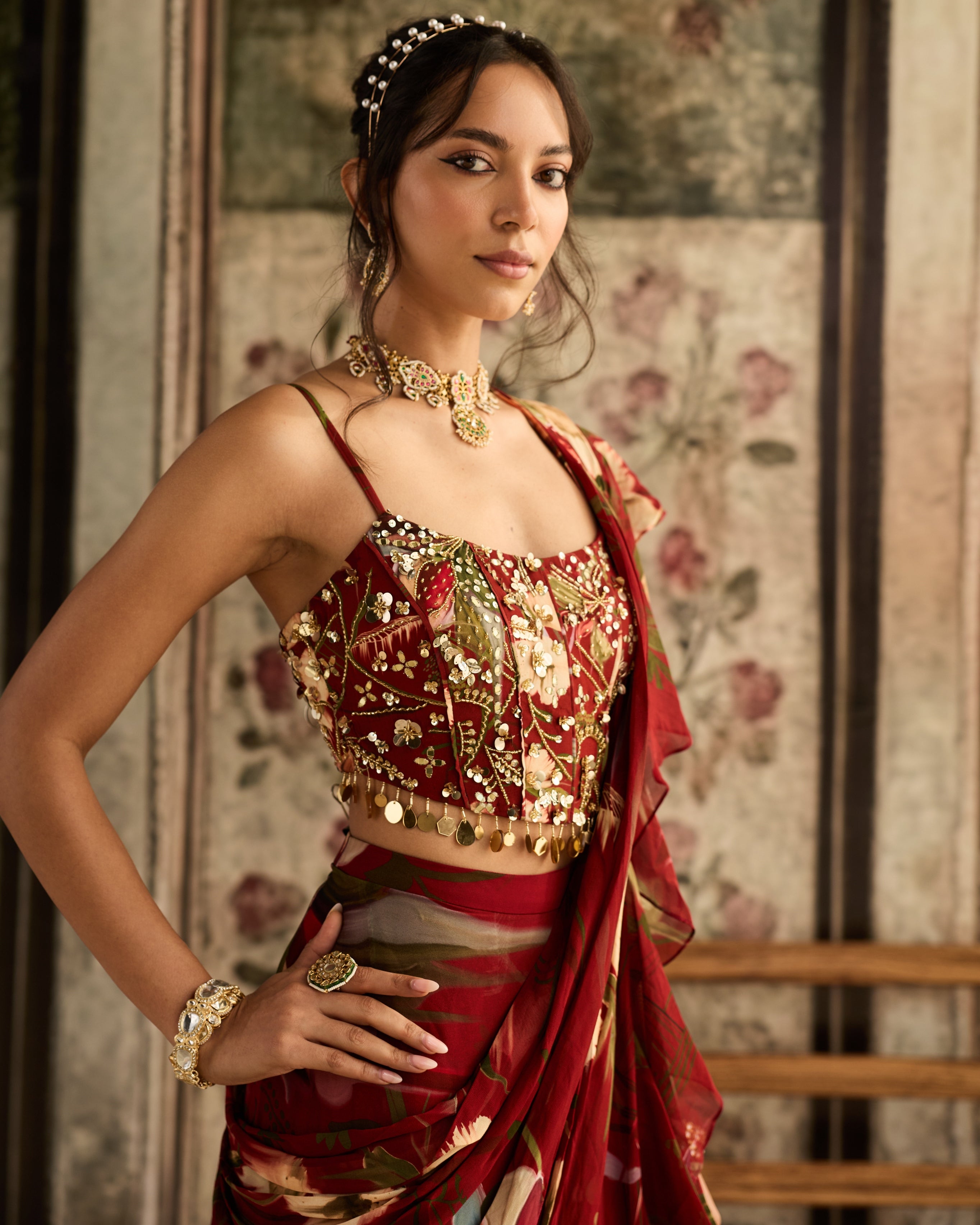 Red Floral Printed Pleated Skirt Sari Set