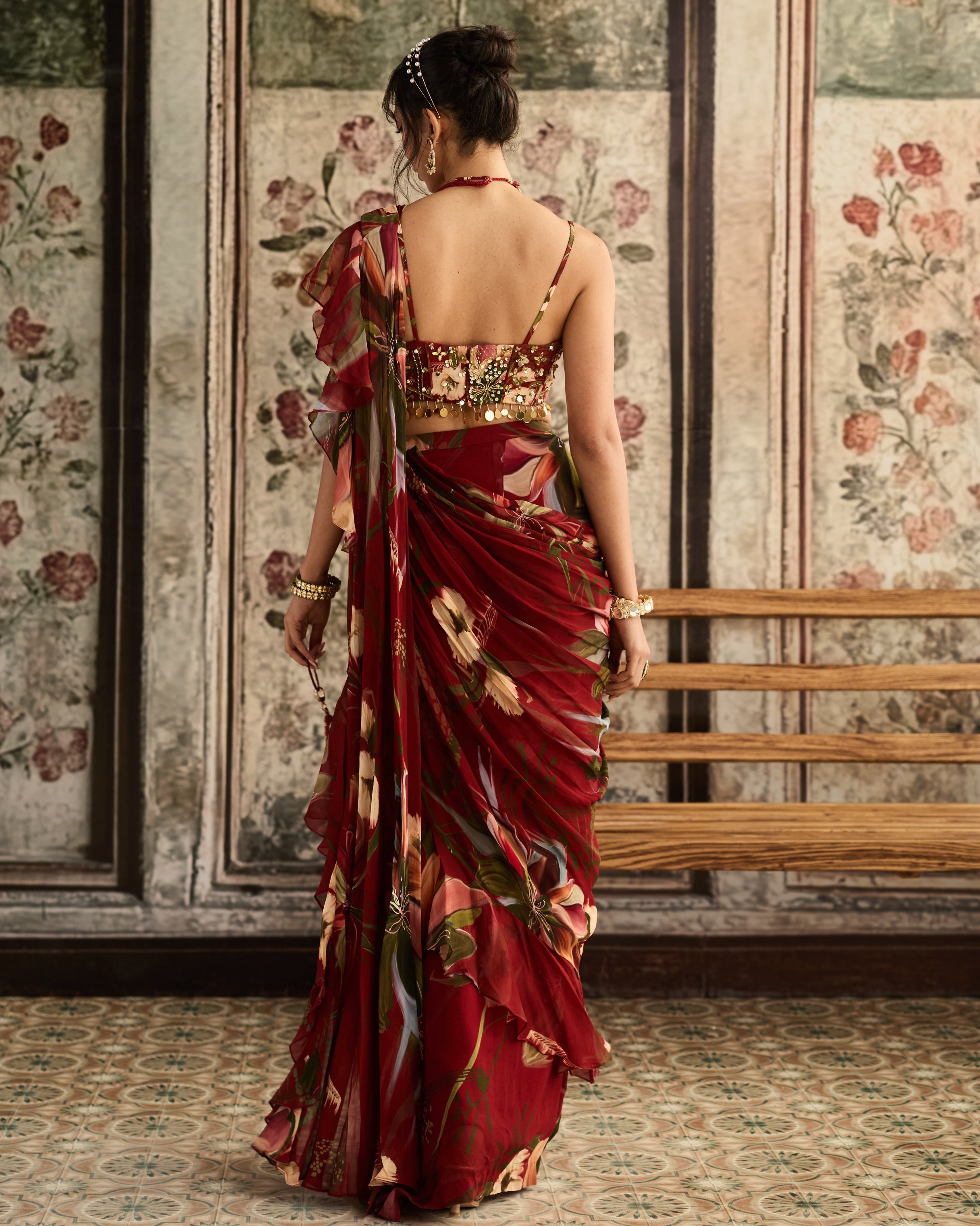 Red Floral Printed Pleated Skirt Sari Set