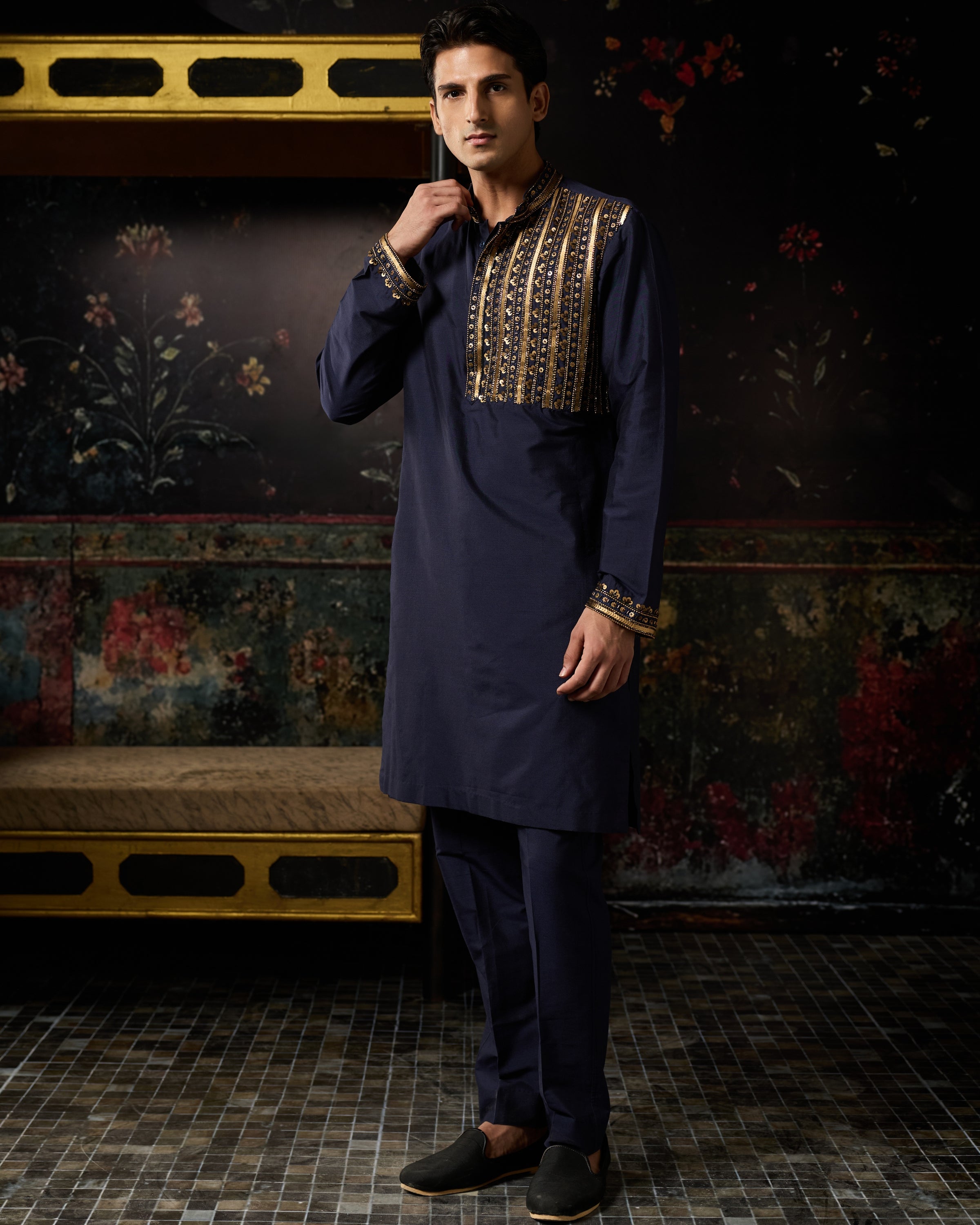 Blue & Gold Embroidered Kurta & Pants Set