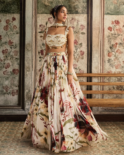 Ivory Floral Leaf Print Lehenga Set