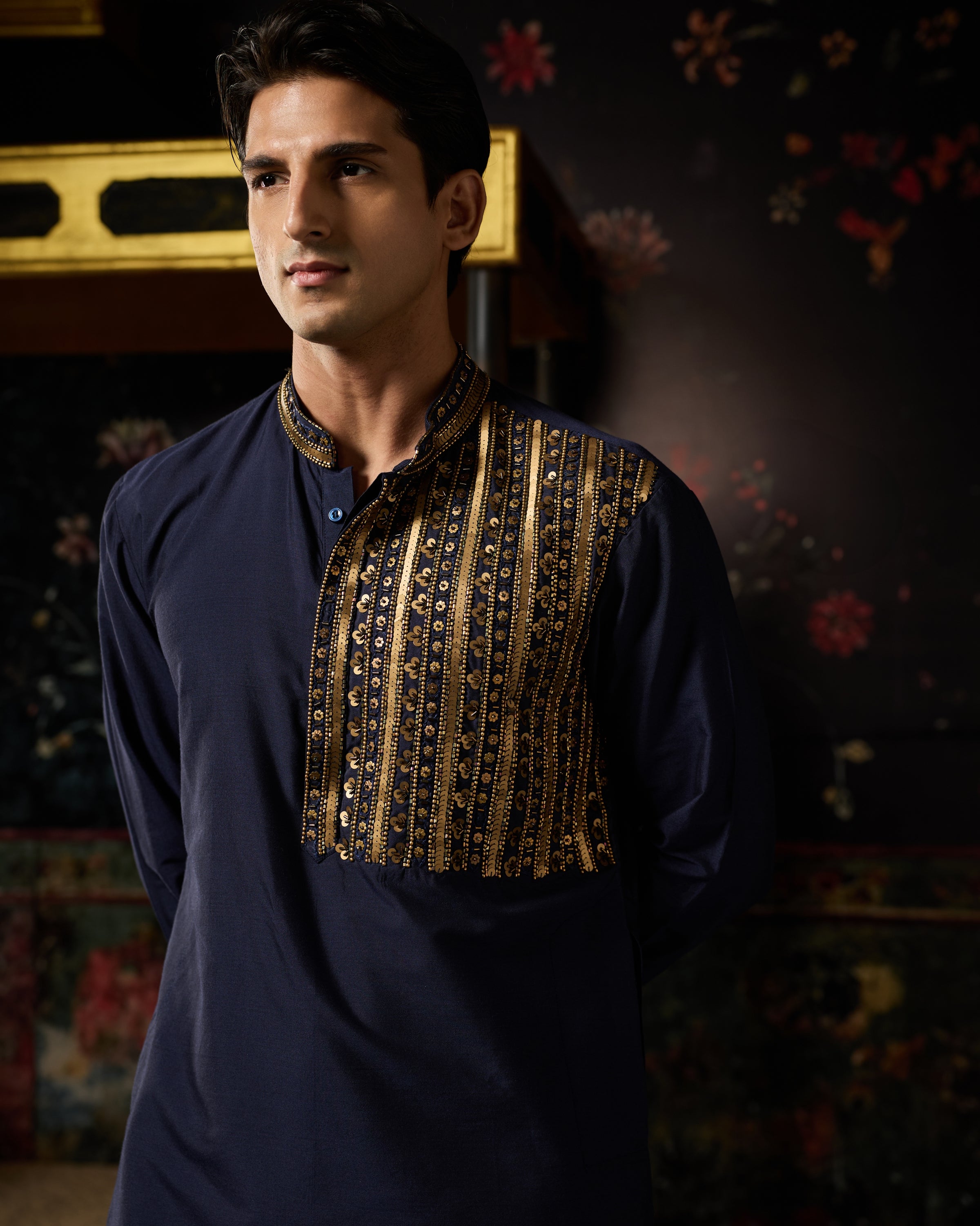 Blue & Gold Embroidered Kurta & Pants Set