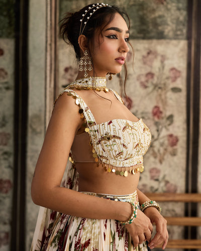 Ivory Floral Leaf Print Lehenga Set