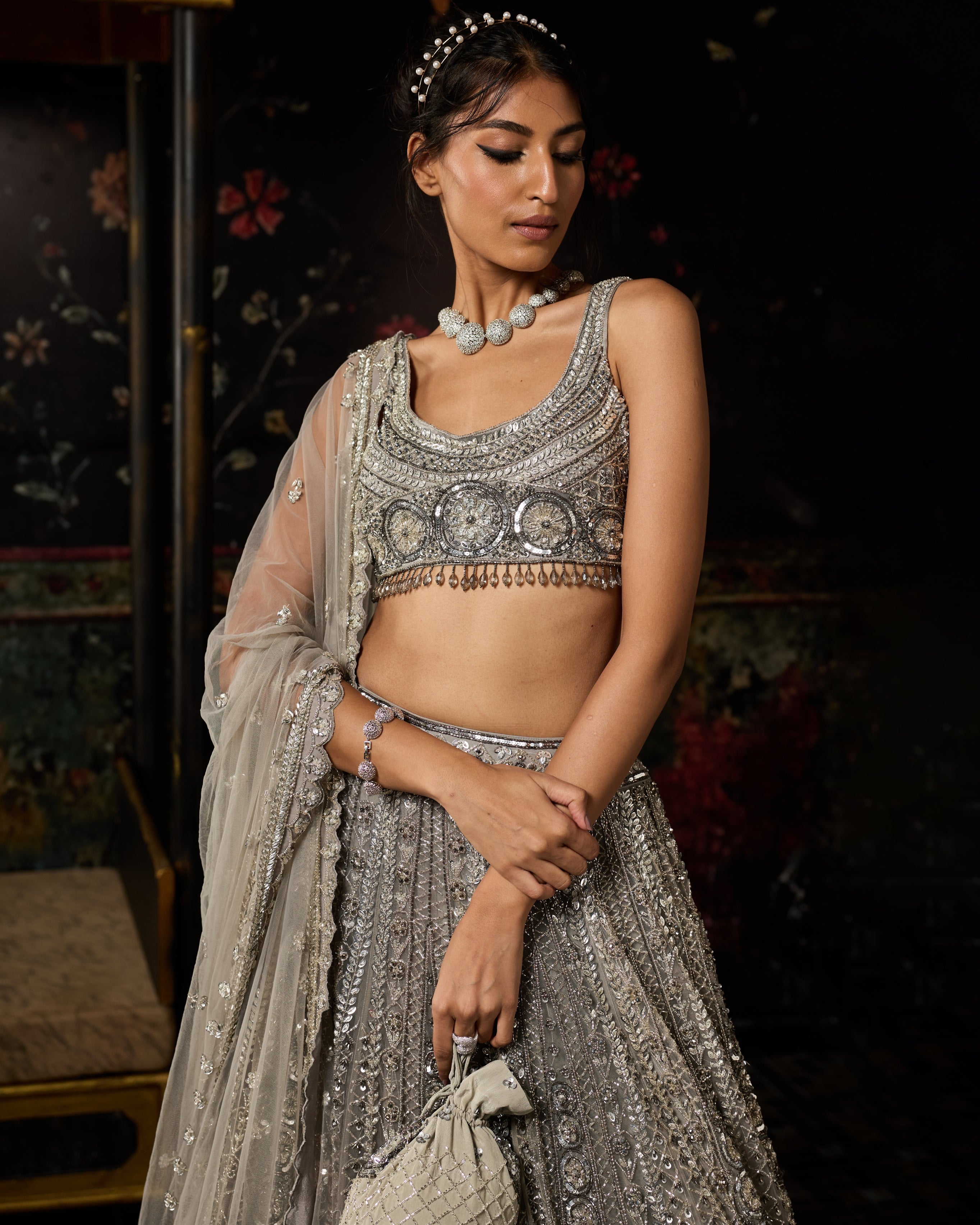 Grey Gunmetal Embellished Arc Circle Lehenga Set