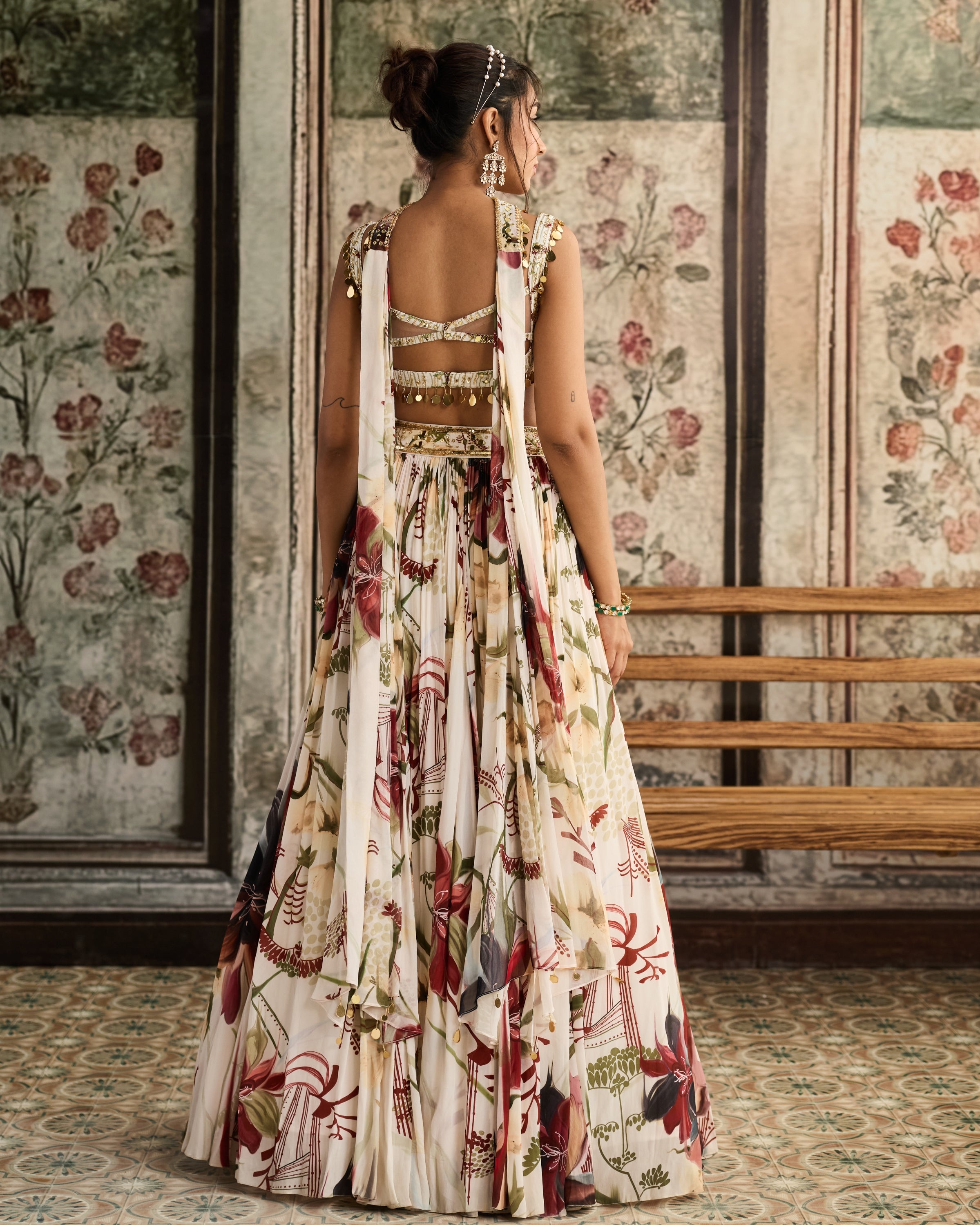 Ivory Floral Leaf Print Lehenga Set