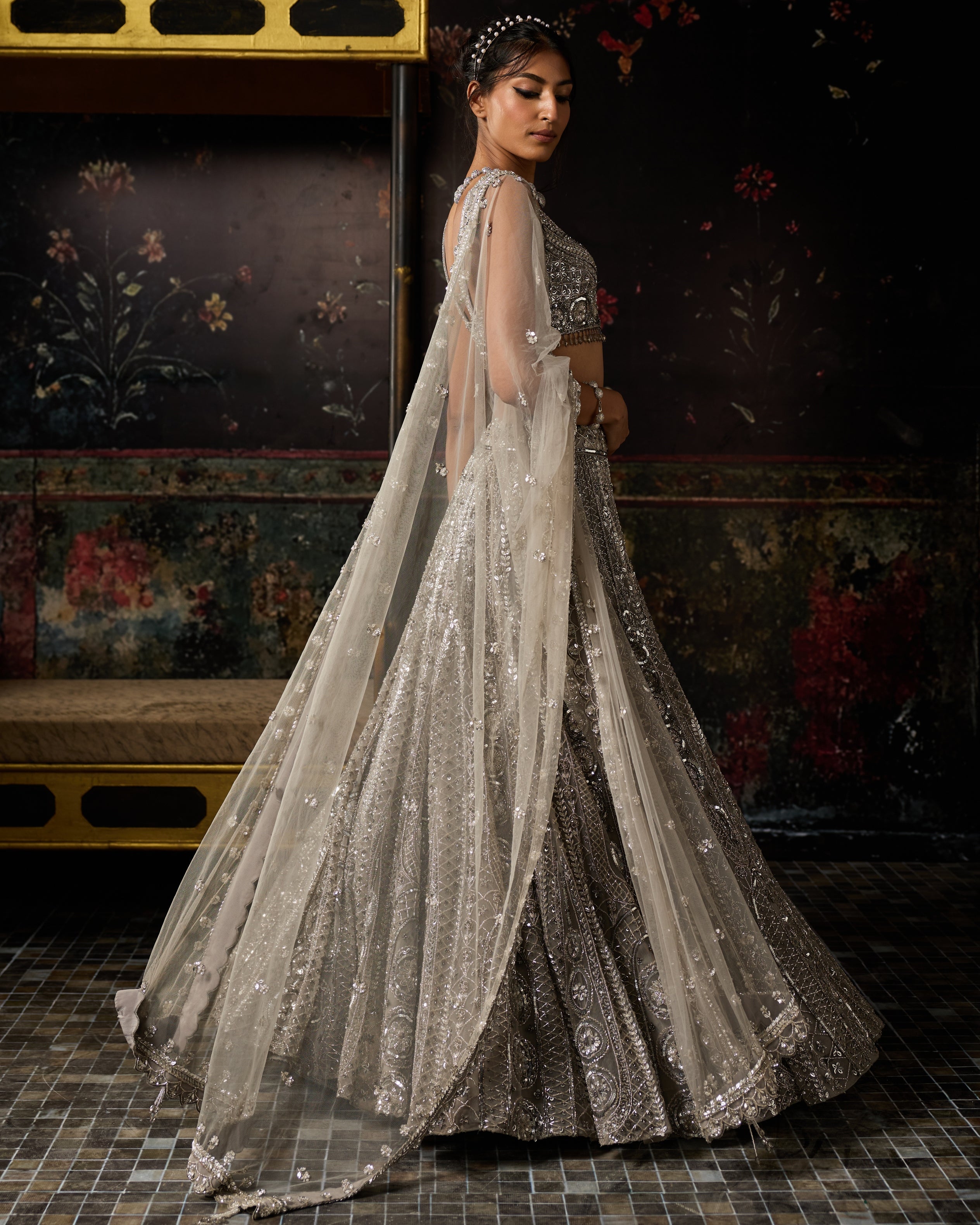 Grey Gunmetal Embellished Arc Circle Lehenga Set