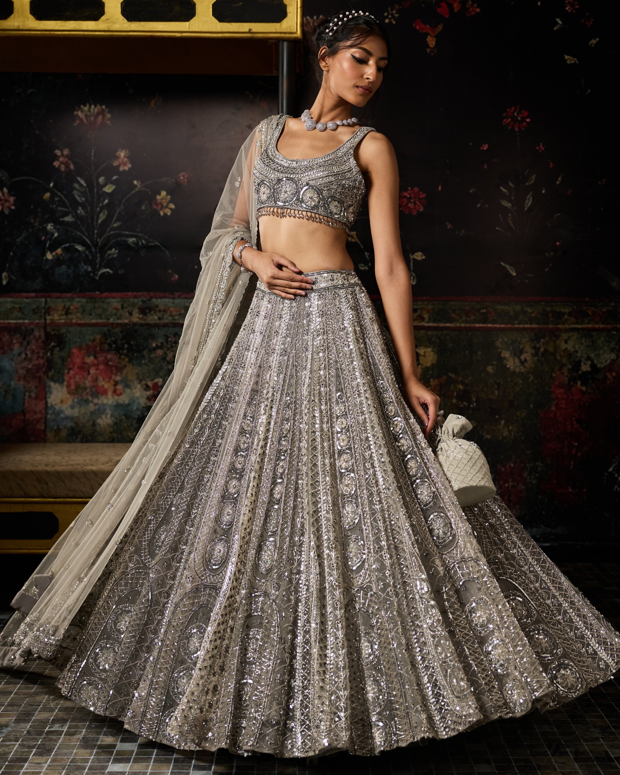 Grey Gunmetal Embellished Arc Circle Lehenga Set