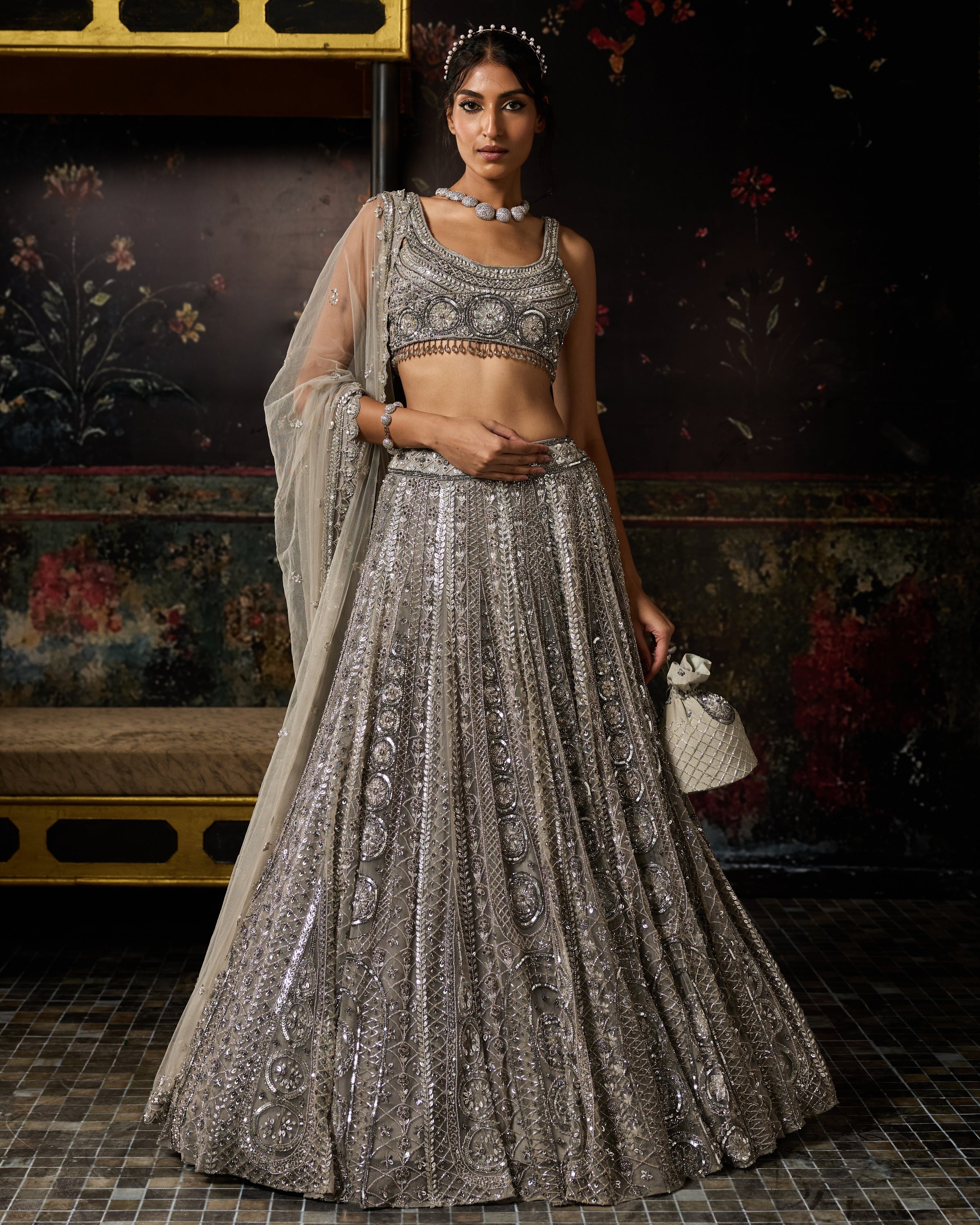 Grey Gunmetal Embellished Arc Circle Lehenga Set