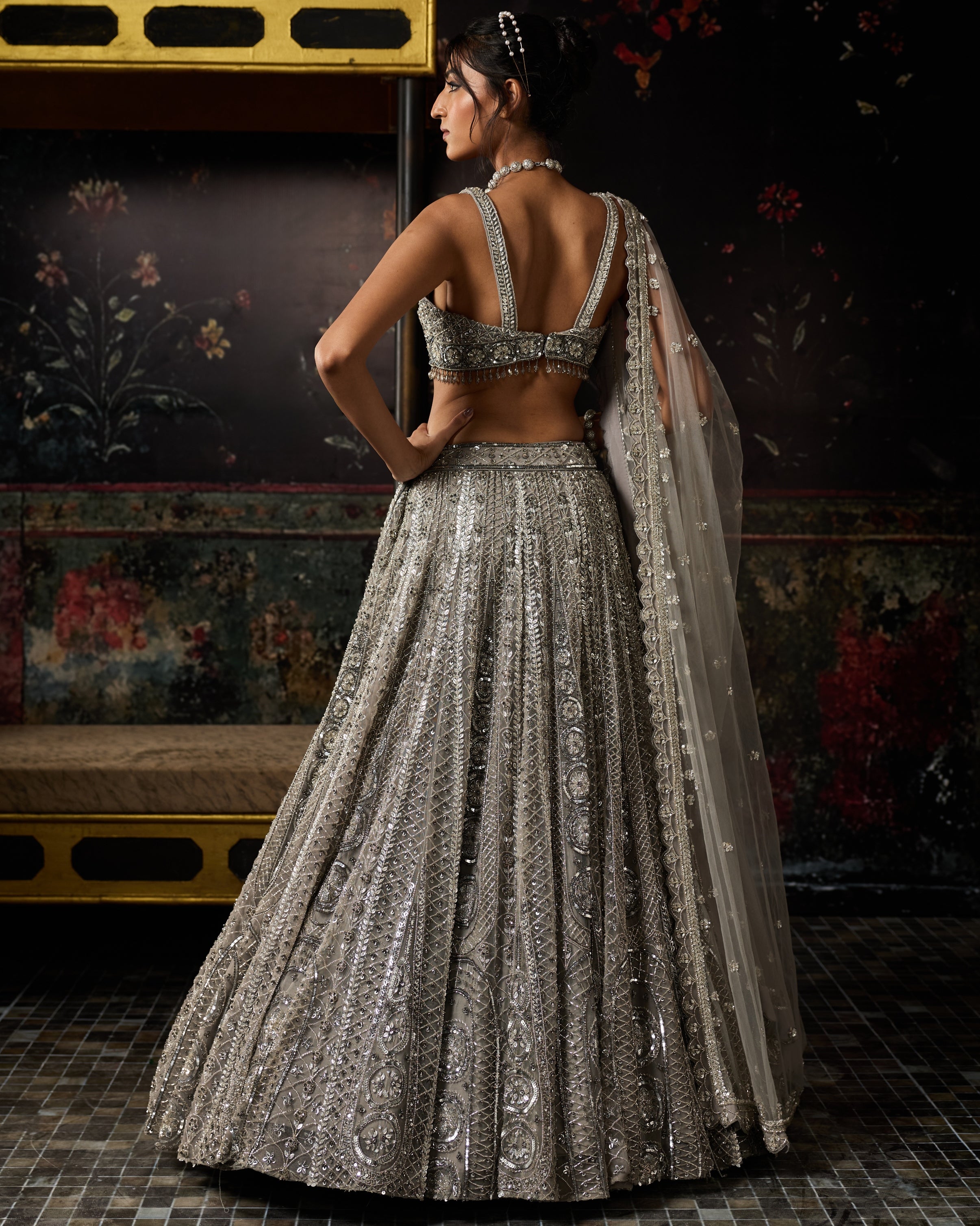 Grey Gunmetal Embellished Arc Circle Lehenga Set