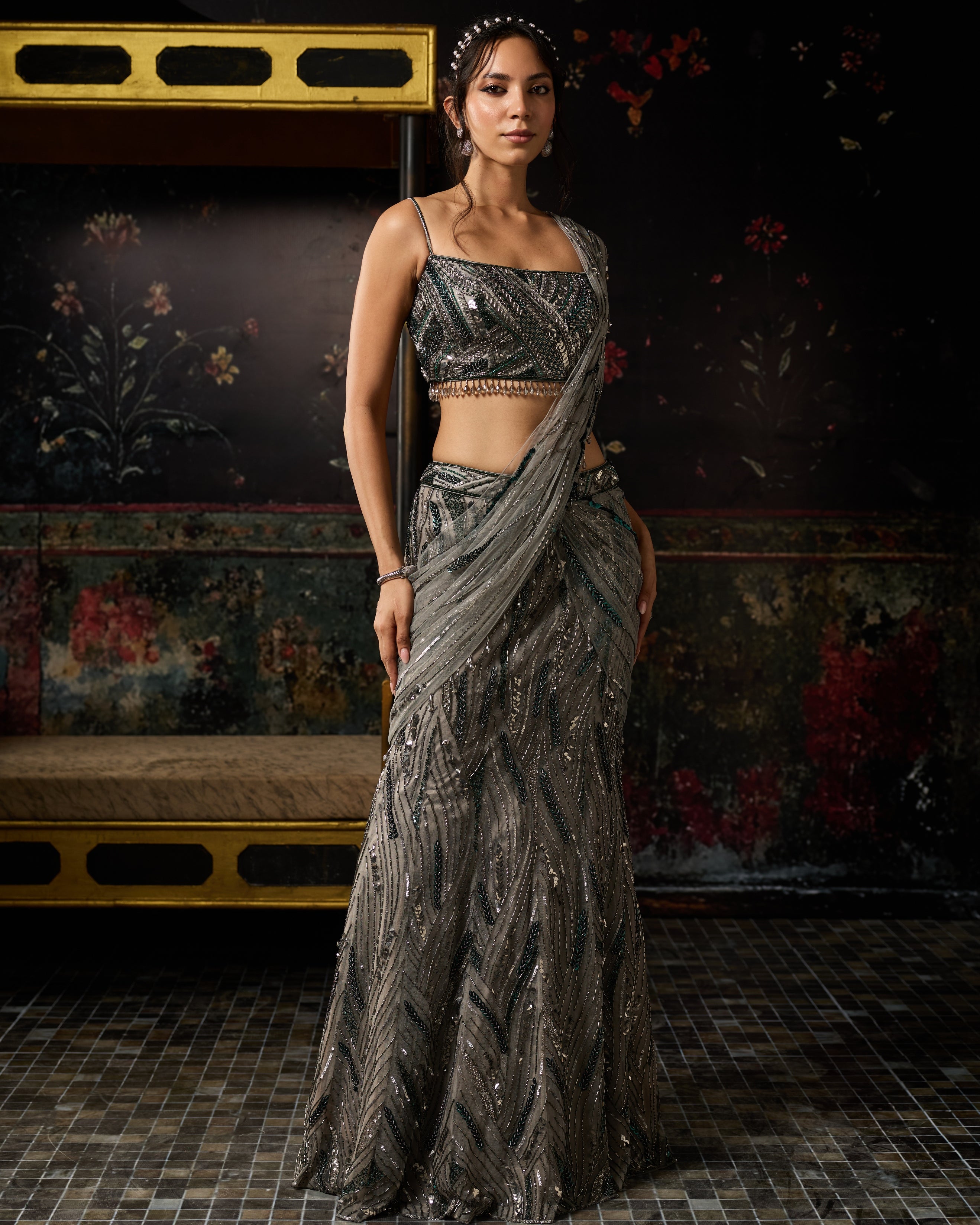 Grey Embellished Mermaid Skirt Sari Set