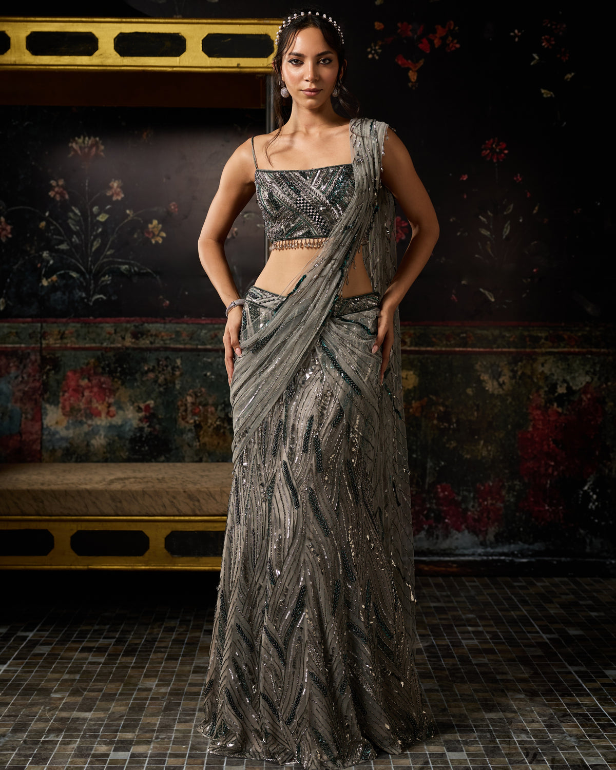 Grey Embellished Mermaid Skirt Sari Set