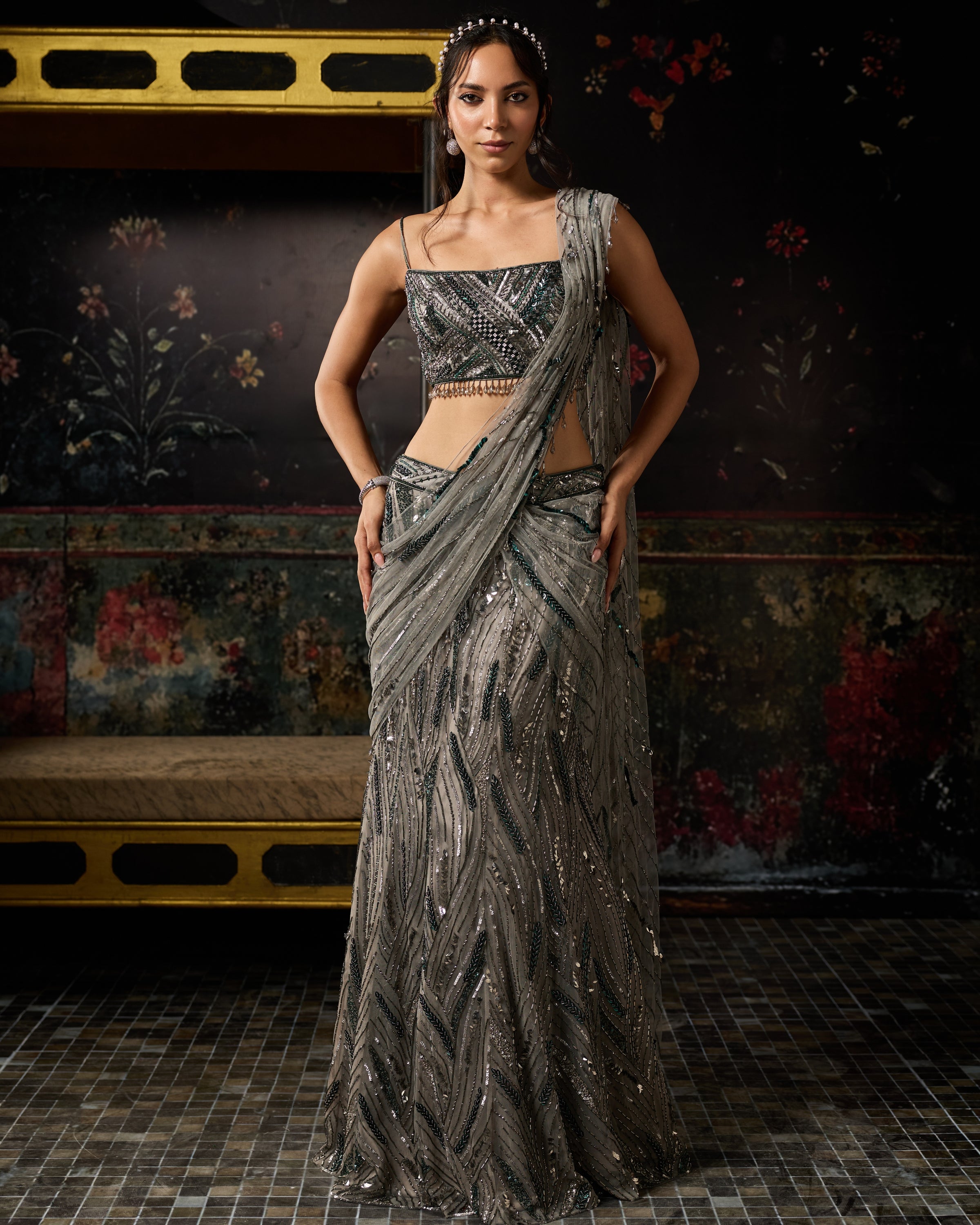 Grey Embellished Mermaid Skirt Sari Set