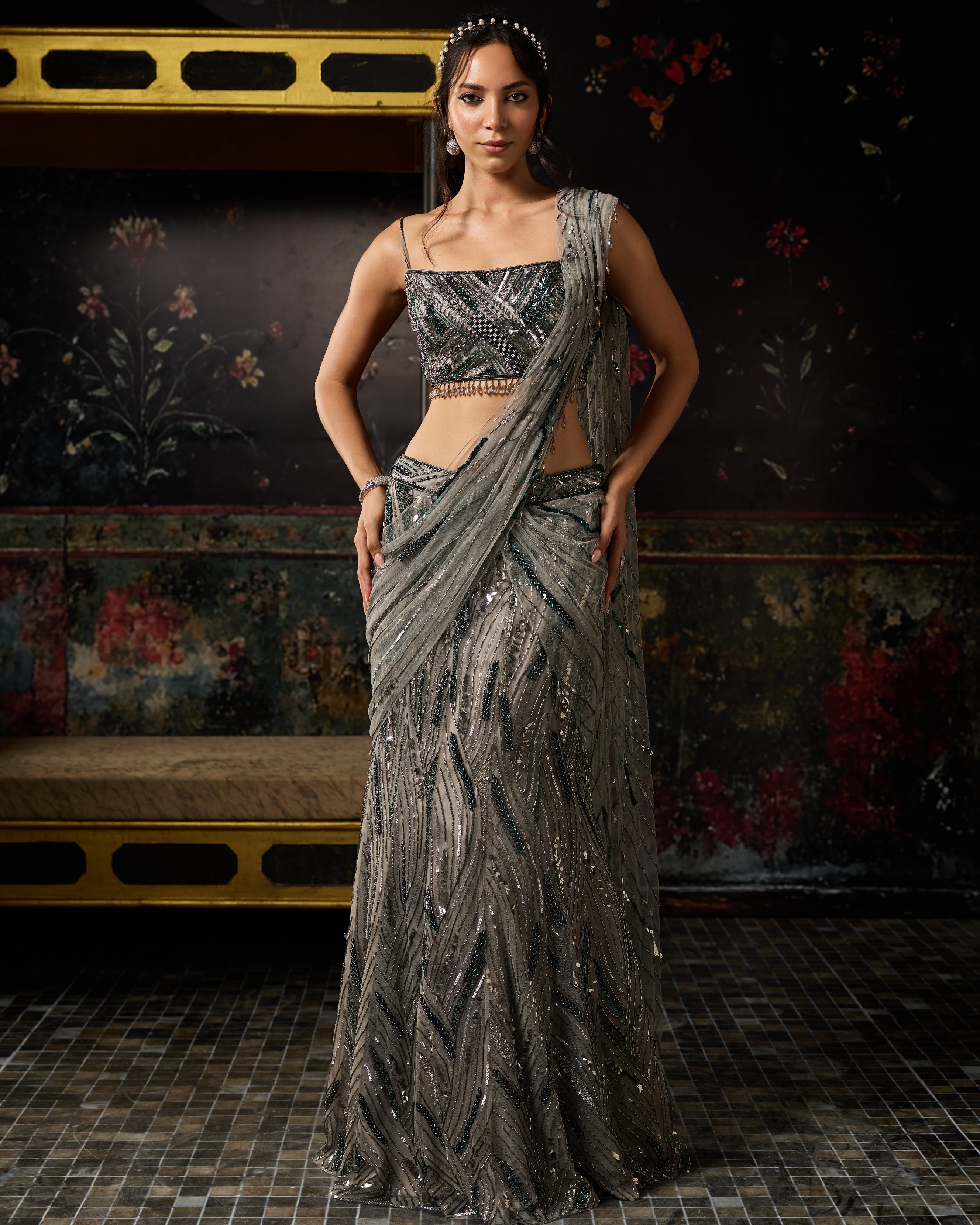 Grey Embellished Mermaid Skirt Sari Set