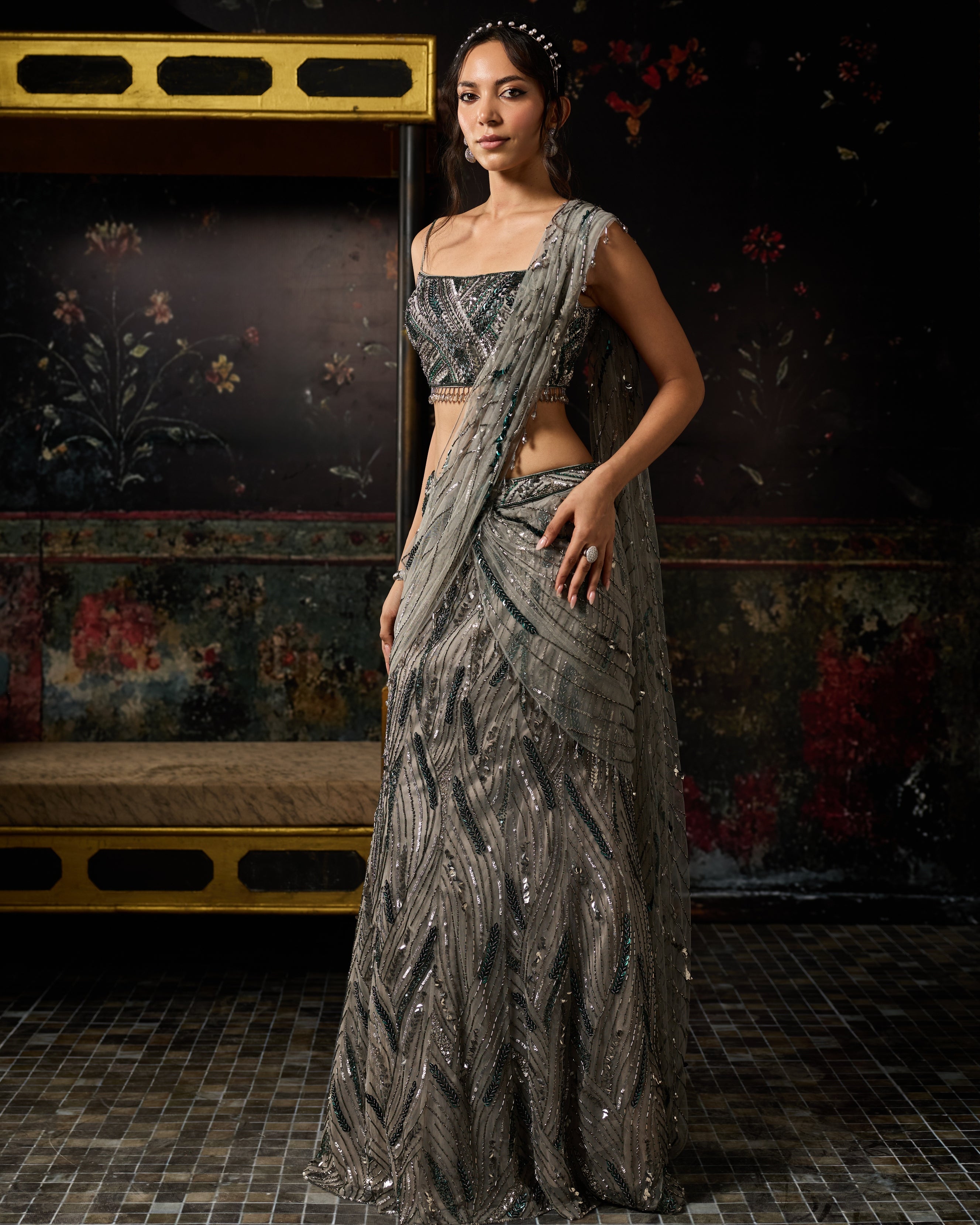 Grey Embellished Mermaid Skirt Sari Set