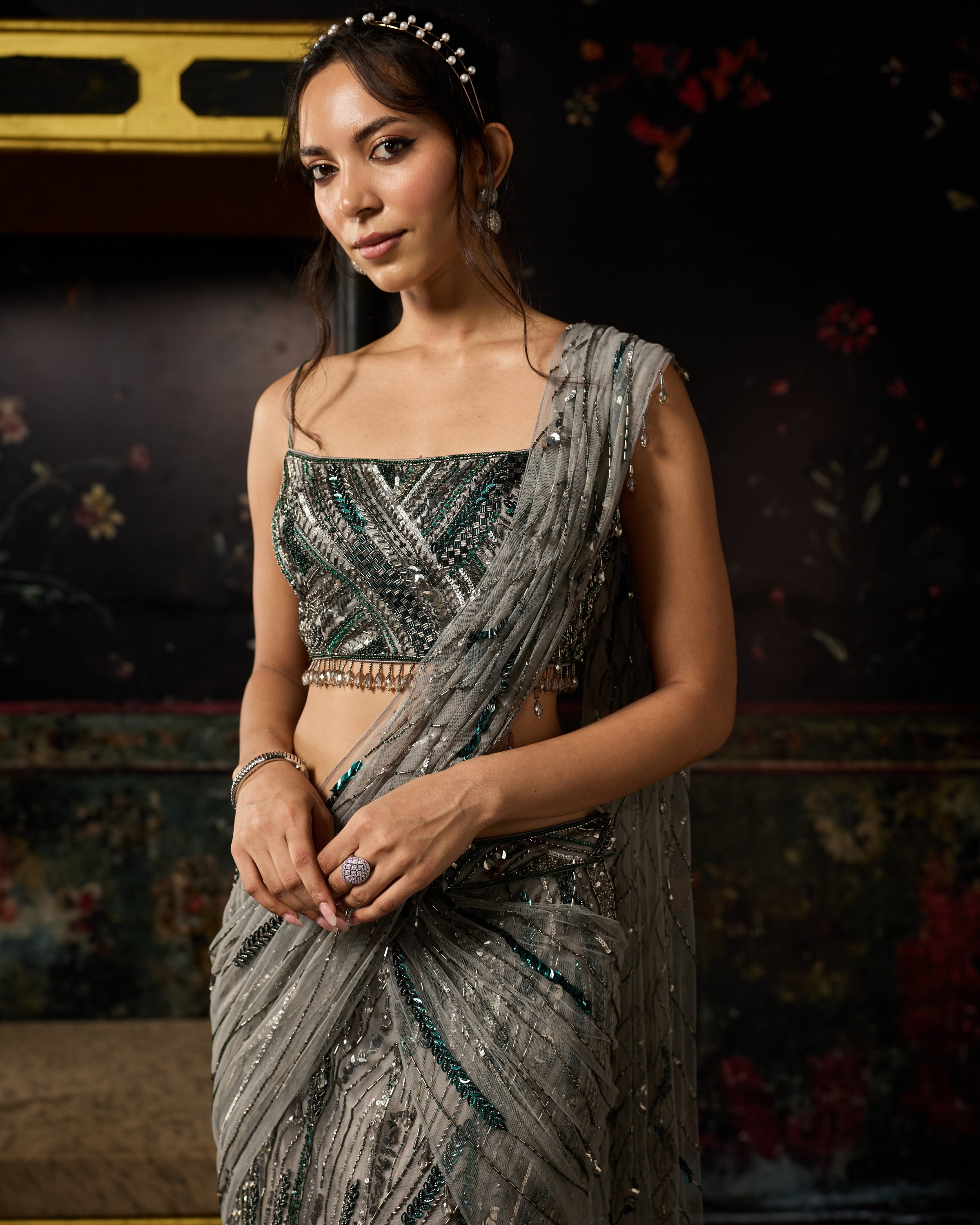 Grey Embellished Mermaid Skirt Sari Set