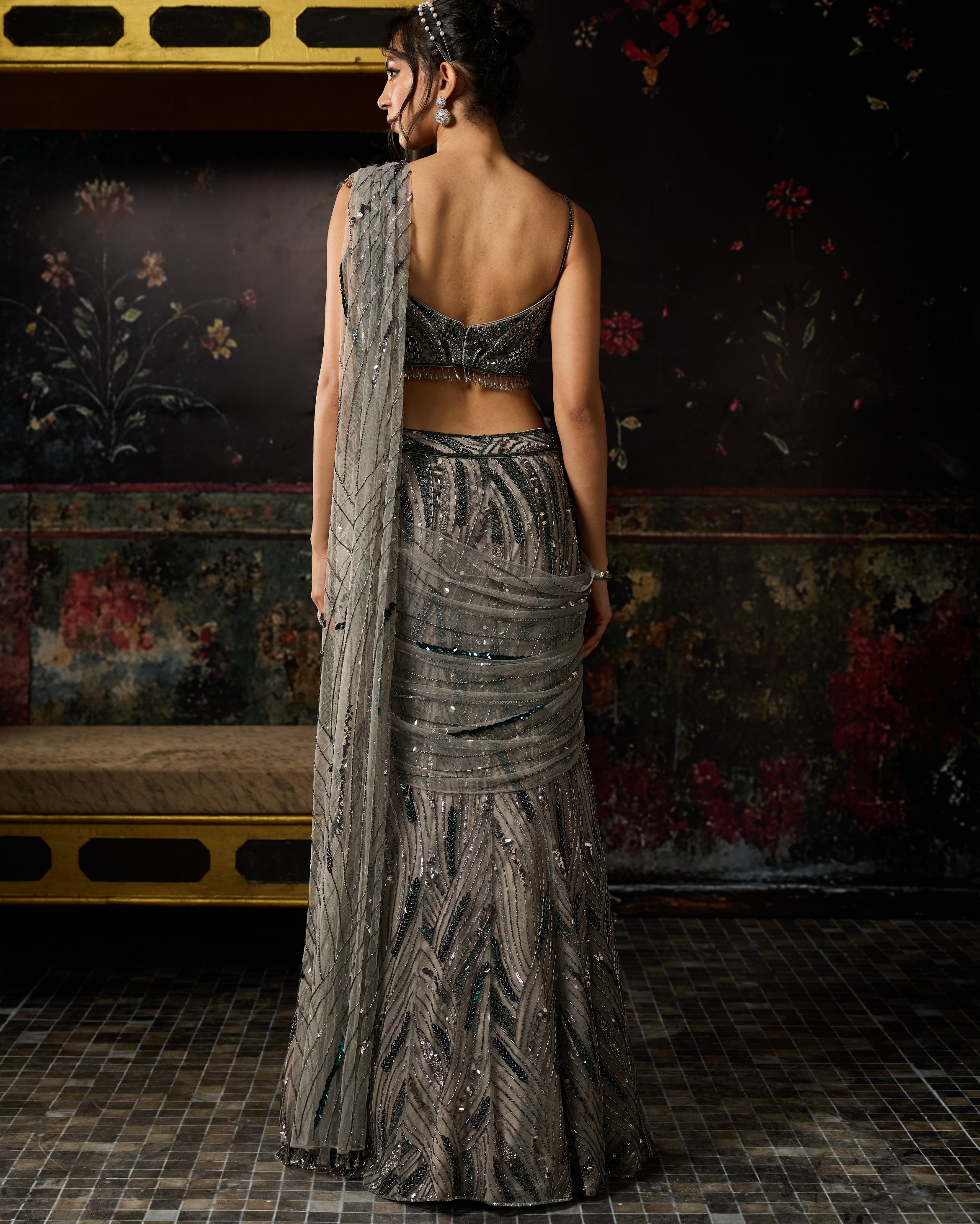 Grey Embellished Mermaid Skirt Sari Set
