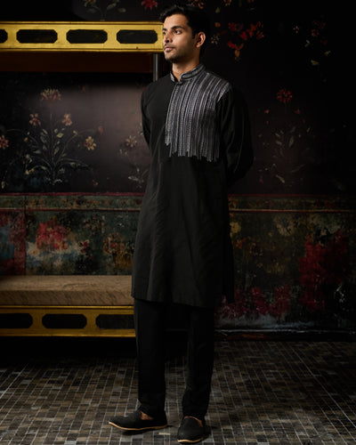 Black With Gunmental Embroidered Kurta And Pants Set