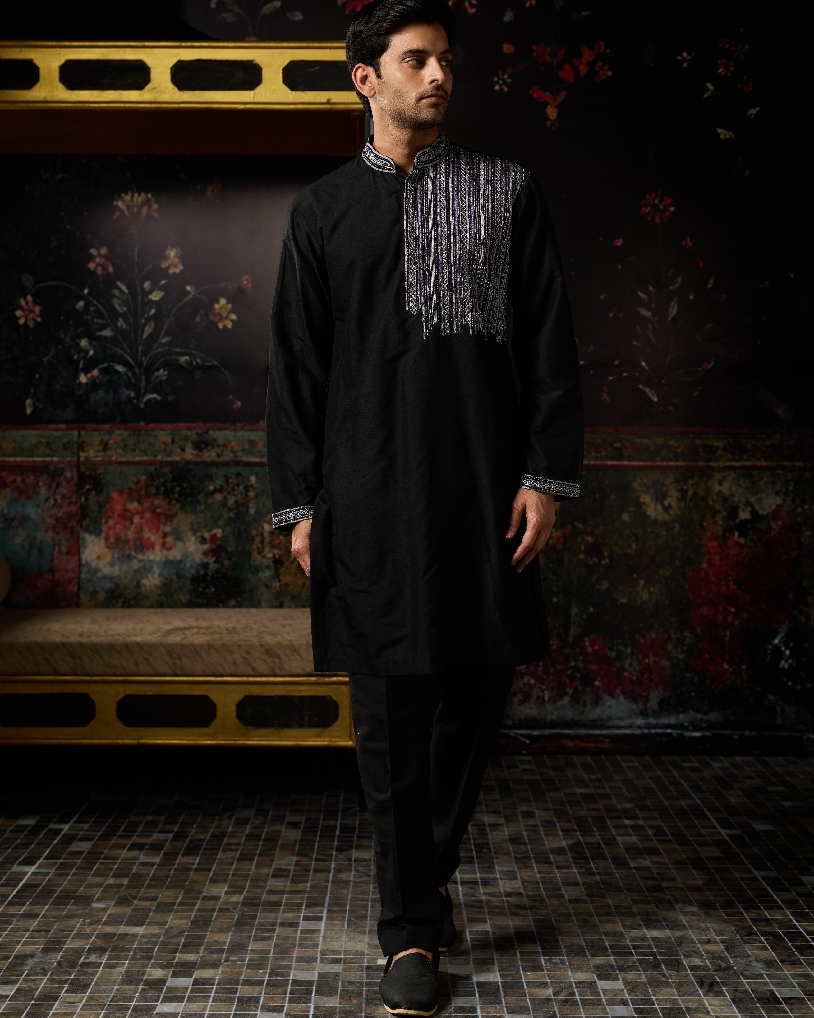 Black With Gunmental Embroidered Kurta And Pants Set