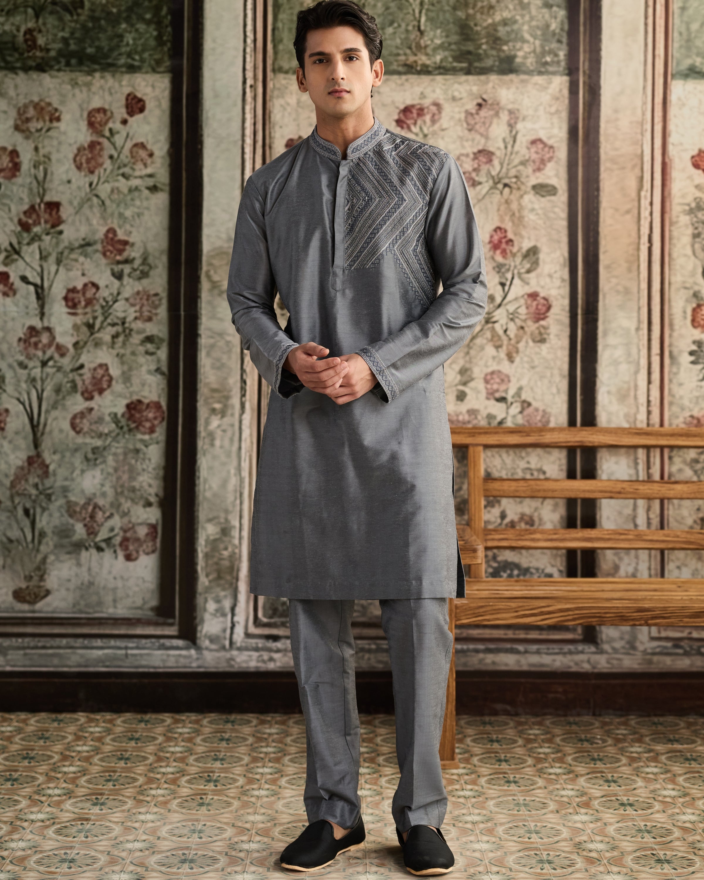 Grey Embroidered Kurta & Pants Set