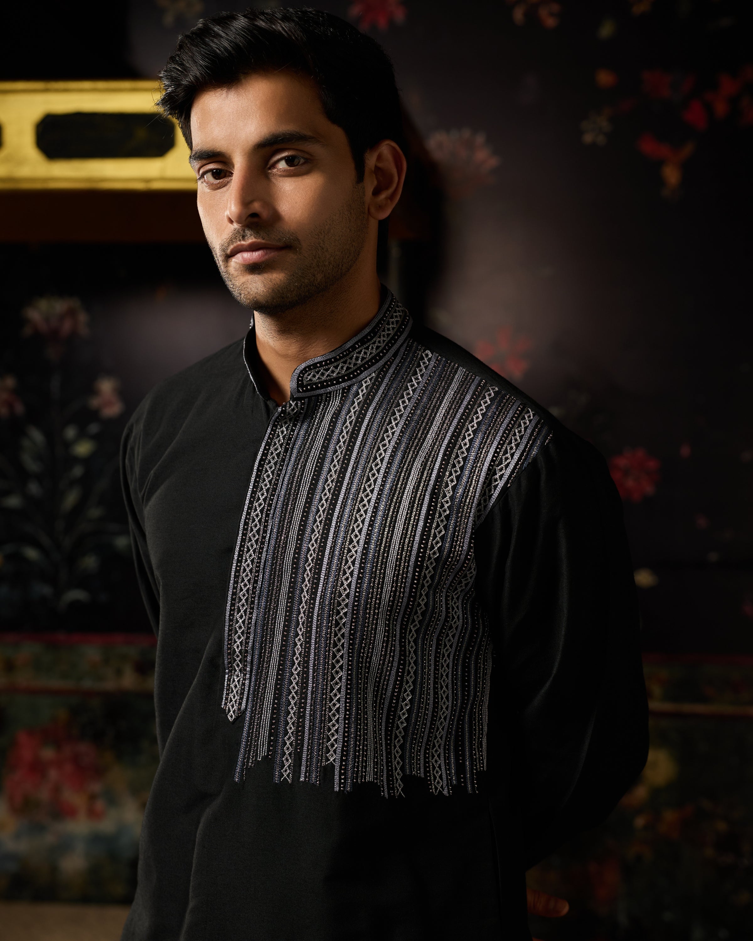 Black With Gunmental Embroidered Kurta And Pants Set
