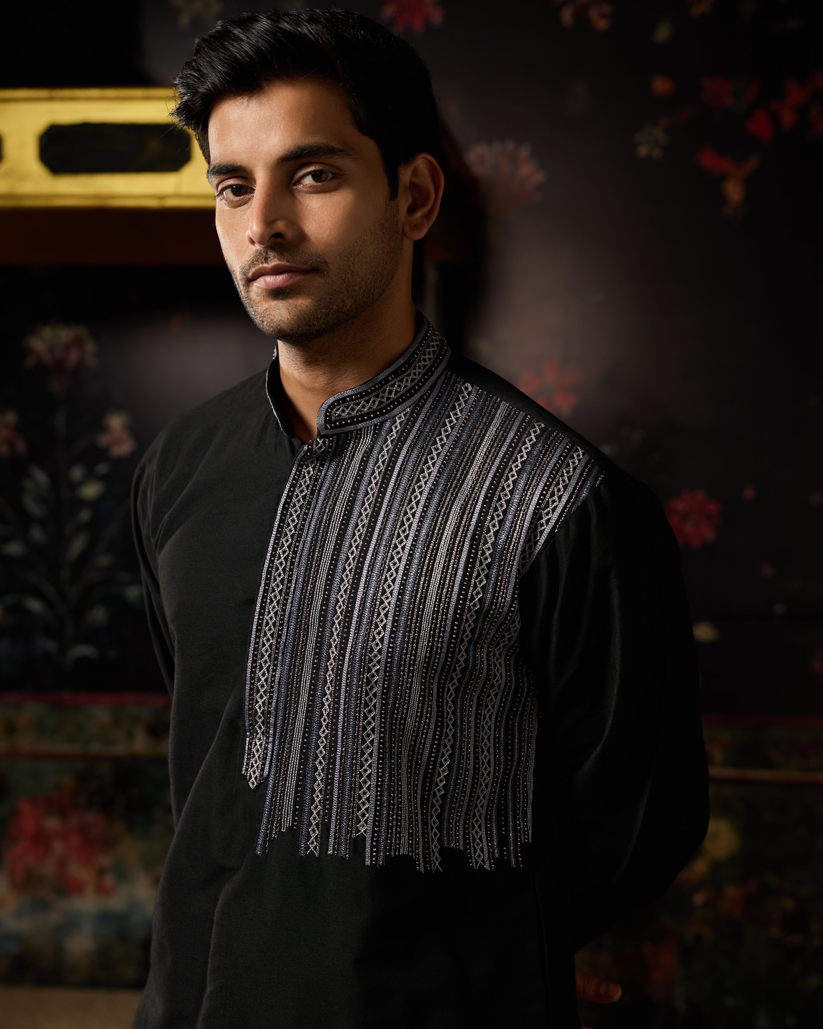 Black With Gunmental Embroidered Kurta And Pants Set